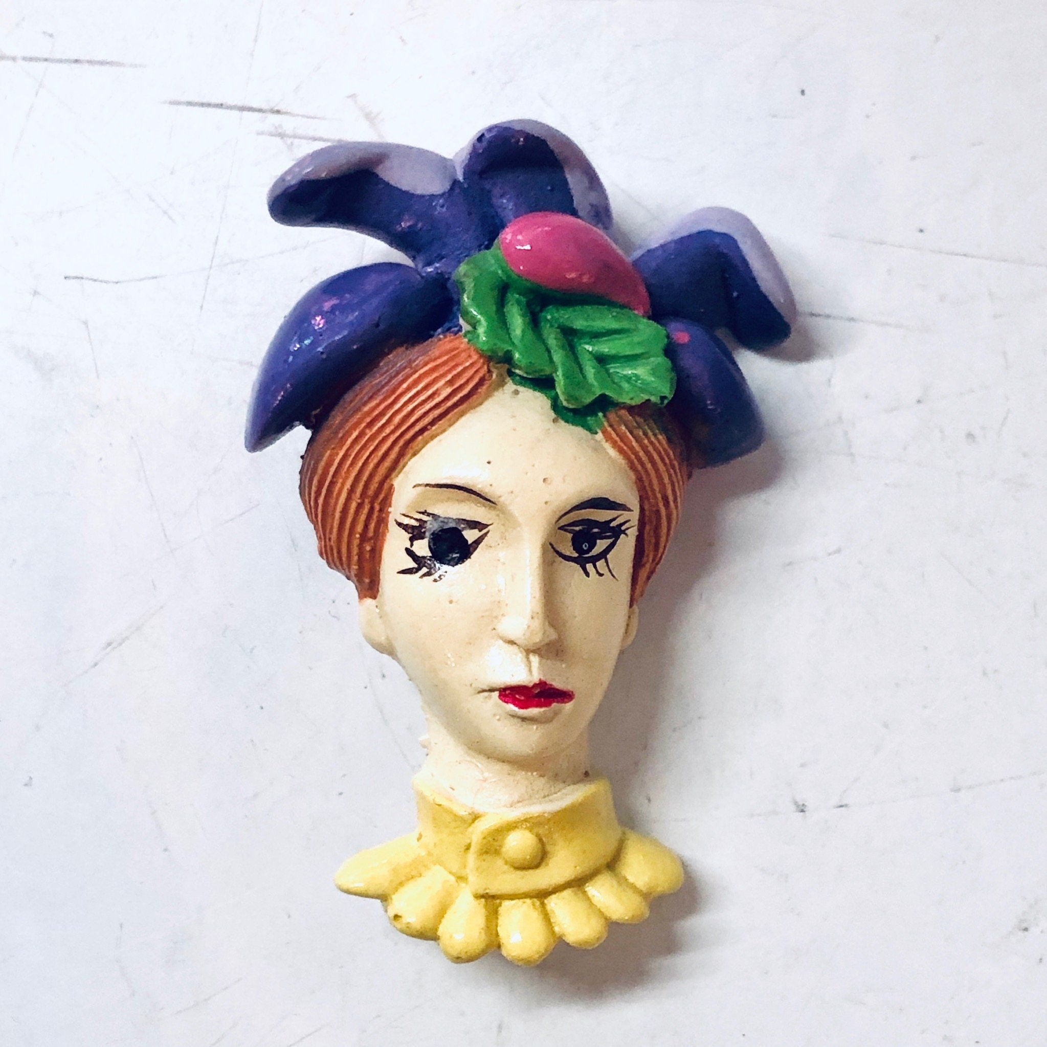 Vintage Brooch, Lady Face Brooch, Unique Jewelry, Vintage Jewelry, Vintage Pin, Purple Jewelry, Yellow Jewelry, Woman Face Pin, Unique Gift
