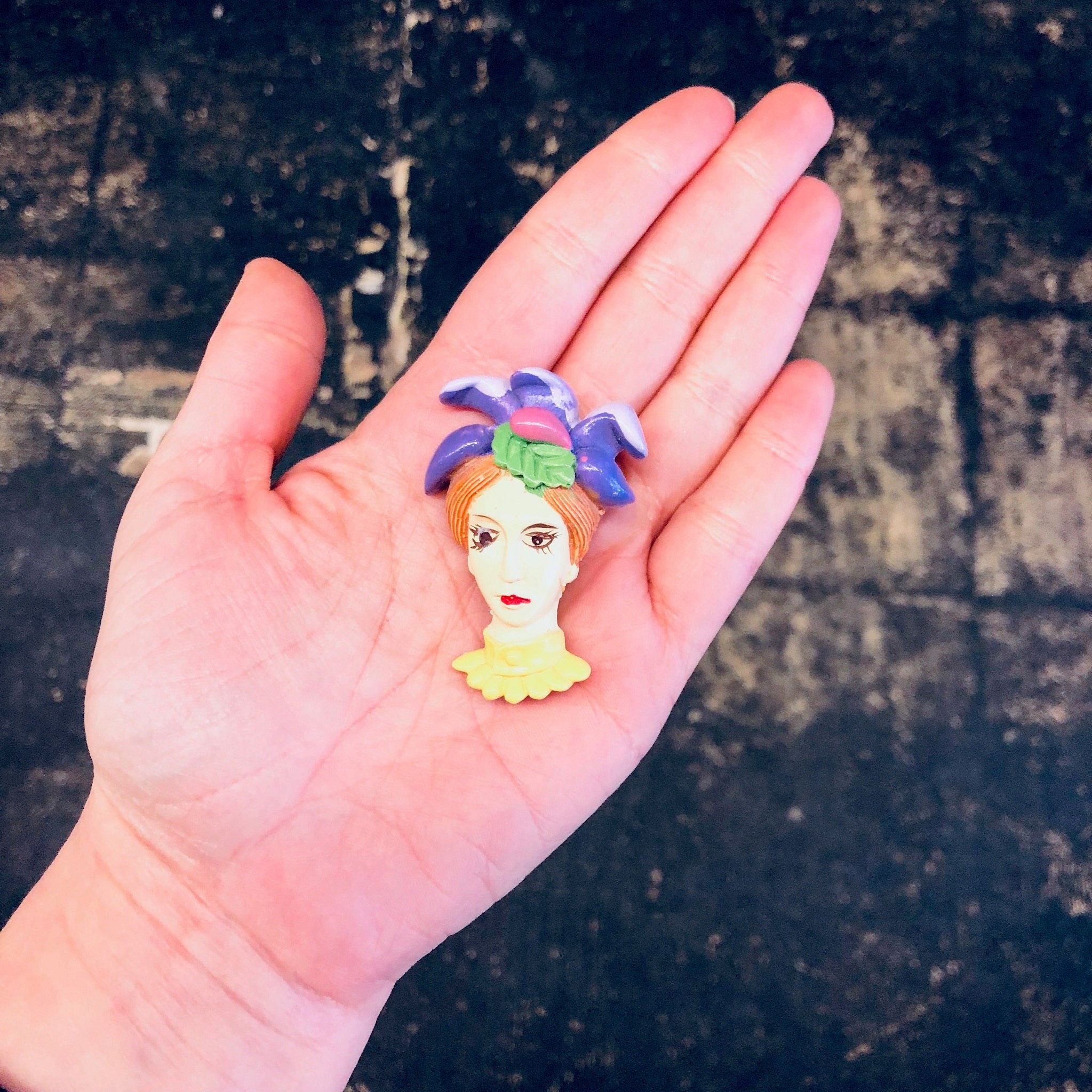 Vintage Brooch, Lady Face Brooch, Unique Jewelry, Vintage Jewelry, Vintage Pin, Purple Jewelry, Yellow Jewelry, Woman Face Pin, Unique Gift