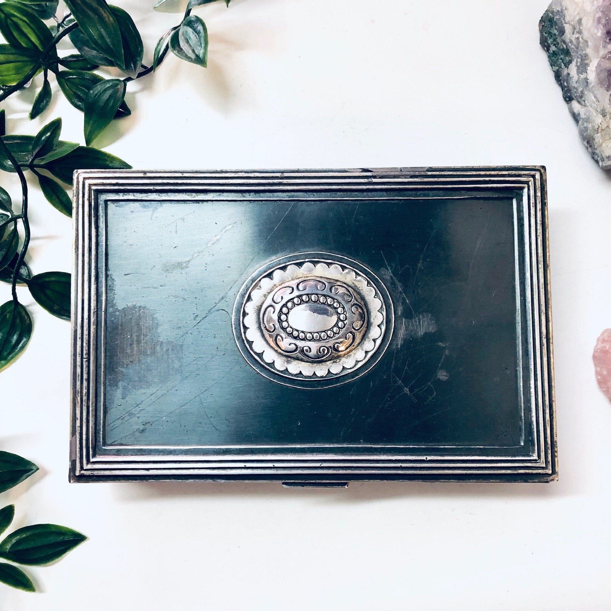 Vintage Jewelry Box, Trinket Box, Catch All Box, Concho Box, Medallion Box, Valentines Day Gift, Metal Box, Industrial Style, Gun Metal Box