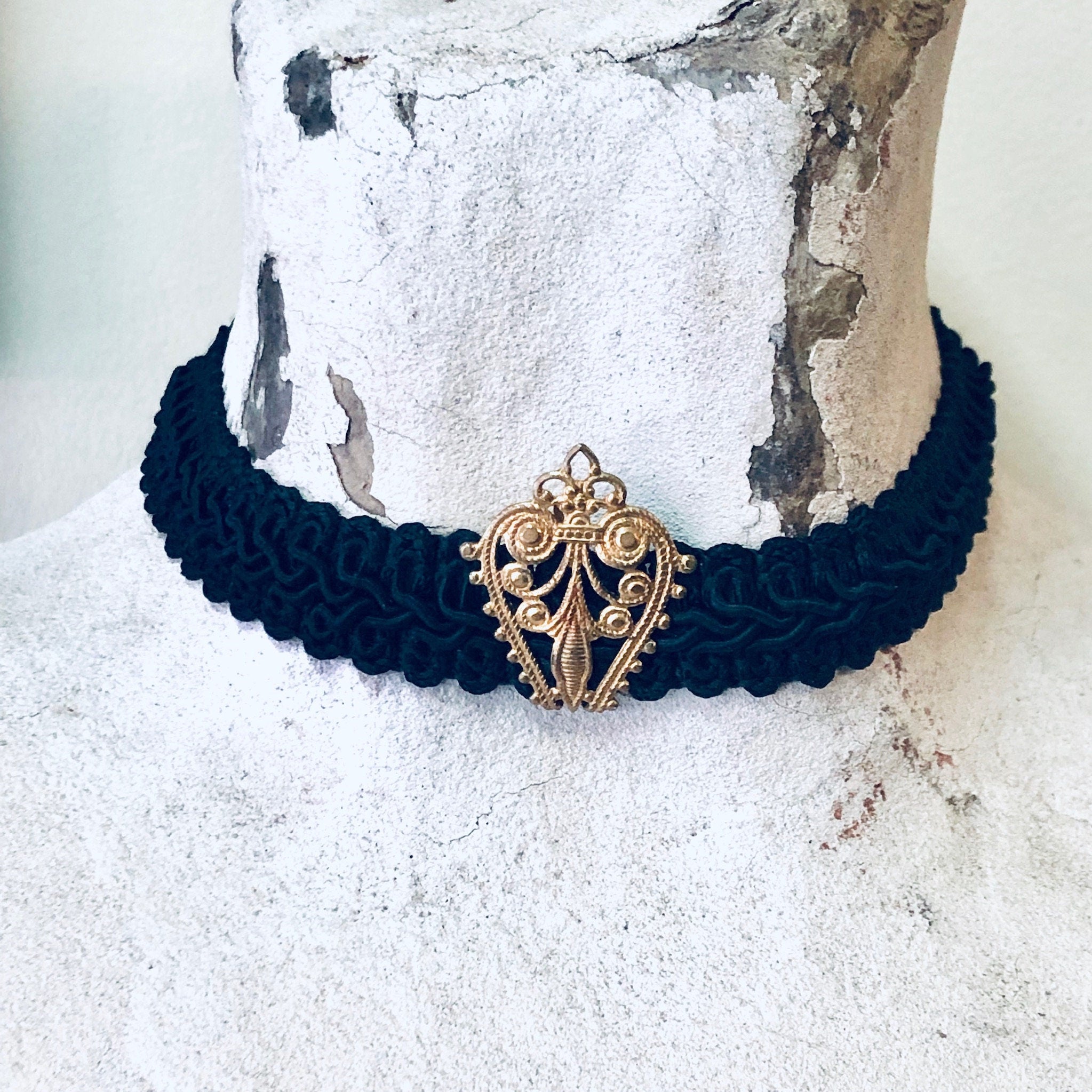 Vintage Choker, Braided Choker, Victorian Style Jewelry, Vintage Jewelry, Black and Gold, Gold Accents, Black Choker, Valentines Day Gift
