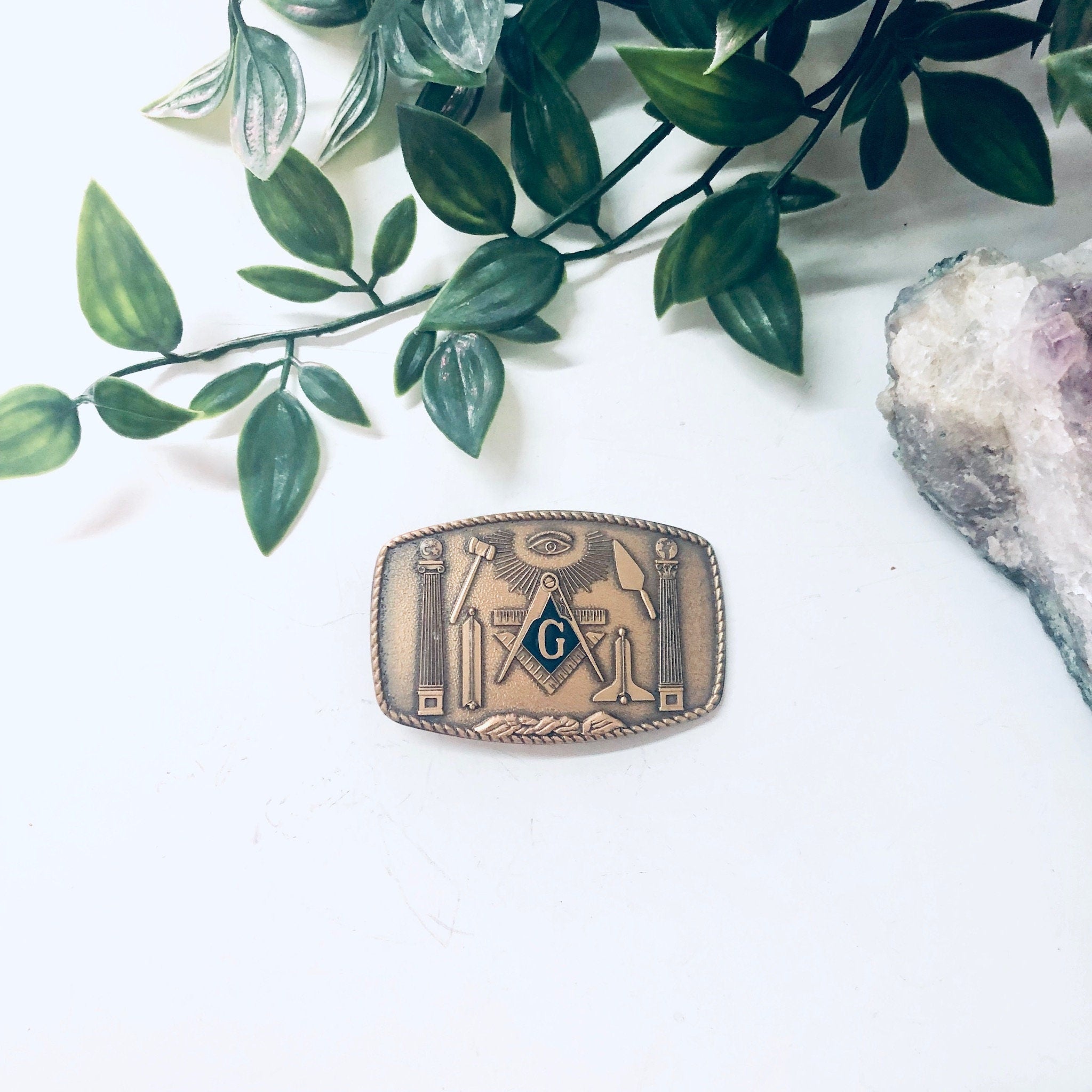 Masonic Belt Buckle, Vintage Belt Buckle, Vintage Accessories, Brass Toned Buckle, Masonic Temple Buckle, Mens Belt Buckles, Blue Buckle