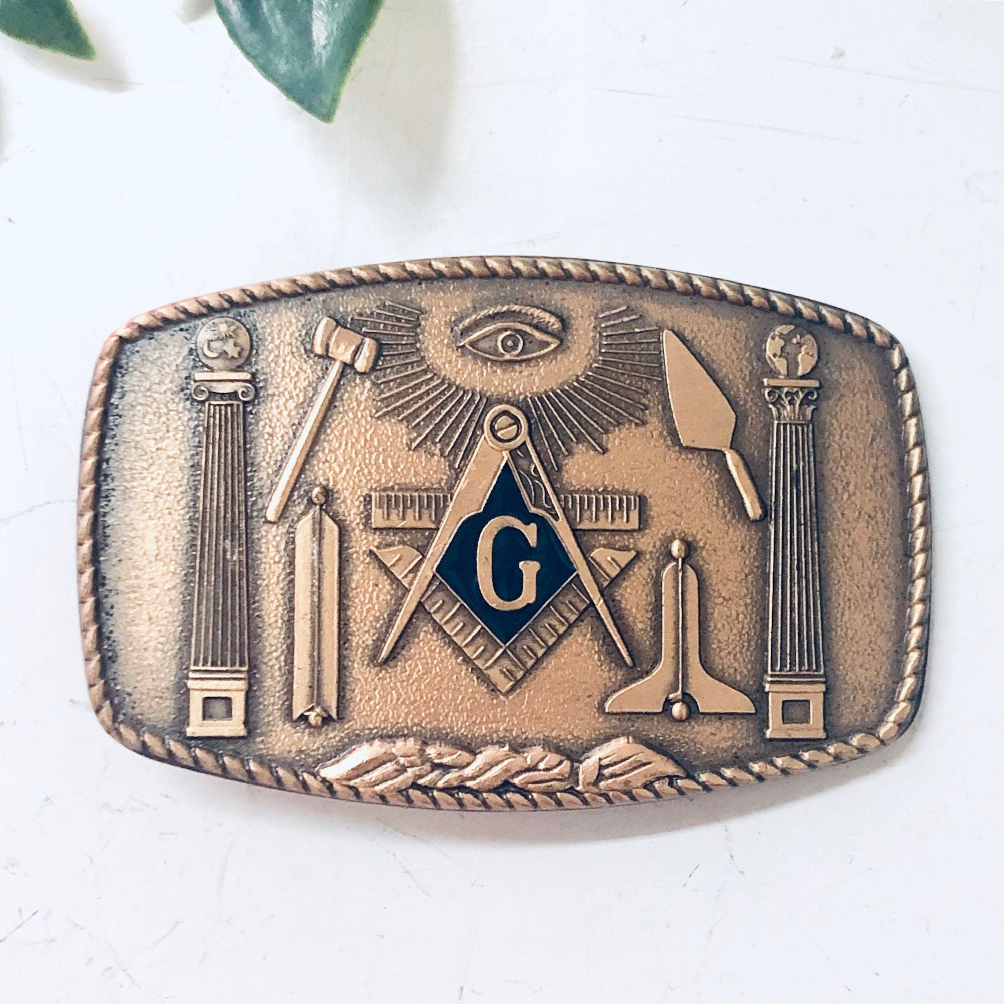 Masonic Belt Buckle, Vintage Belt Buckle, Vintage Accessories, Brass Toned Buckle, Masonic Temple Buckle, Mens Belt Buckles, Blue Buckle