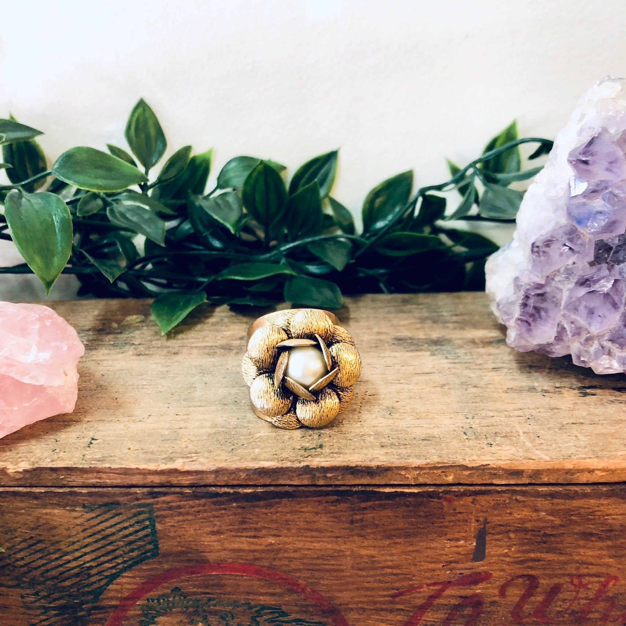 Vintage Gold Ring, Gold Toned Ring, Faux Pearl Ring, Adjustable Ring, Flower Ring, Large Ring, Floral Design, Floral Filagree, Cocktail Ring