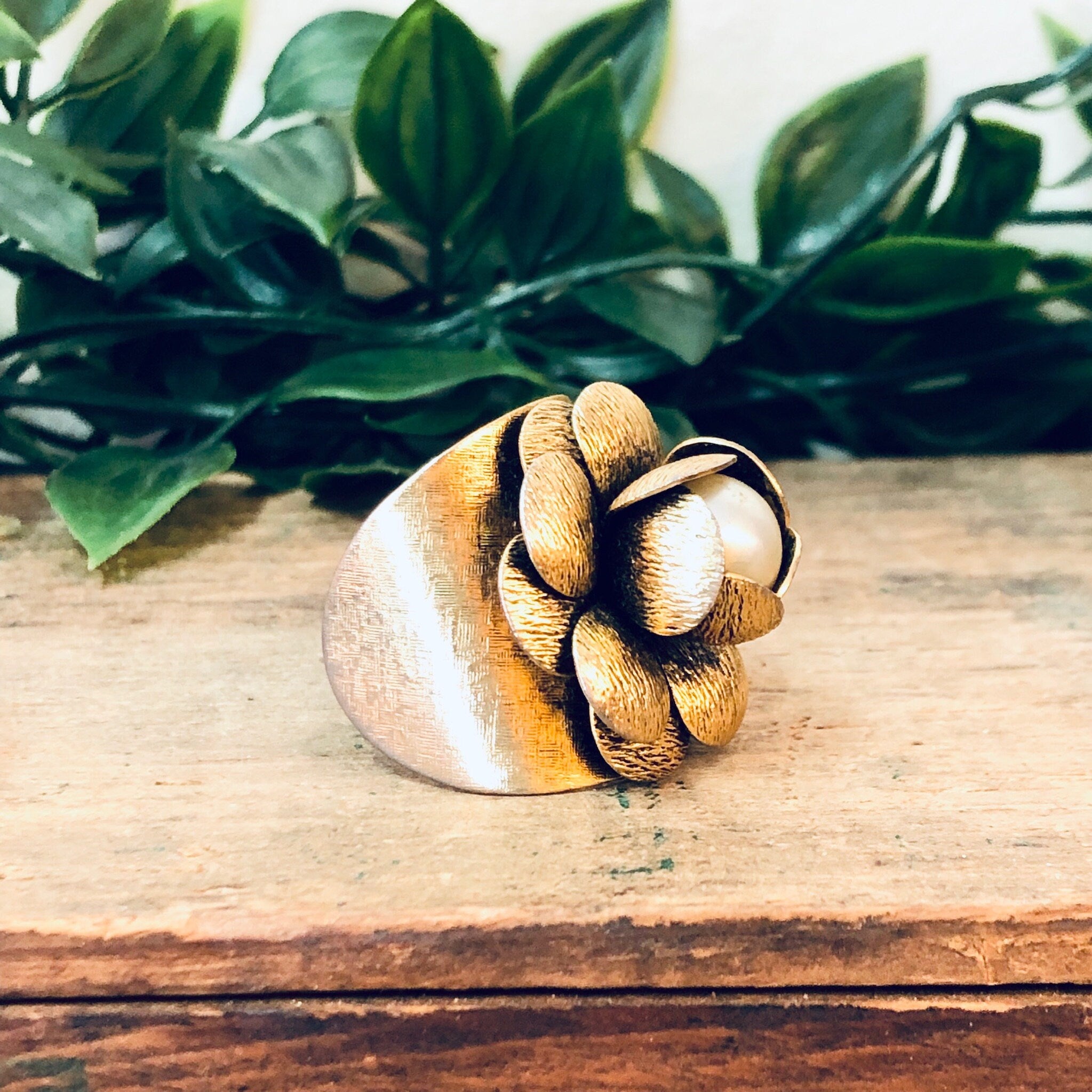 Vintage Gold Ring, Gold Toned Ring, Faux Pearl Ring, Adjustable Ring, Flower Ring, Large Ring, Floral Design, Floral Filagree, Cocktail Ring