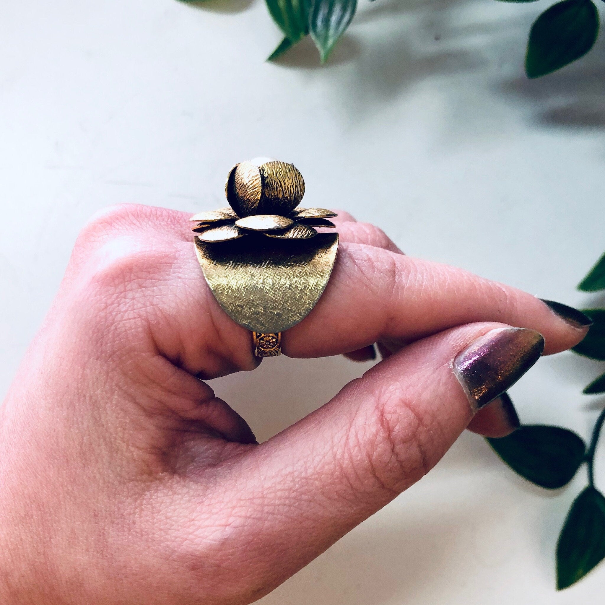 Vintage Gold Ring, Gold Toned Ring, Faux Pearl Ring, Adjustable Ring, Flower Ring, Large Ring, Floral Design, Floral Filagree, Cocktail Ring