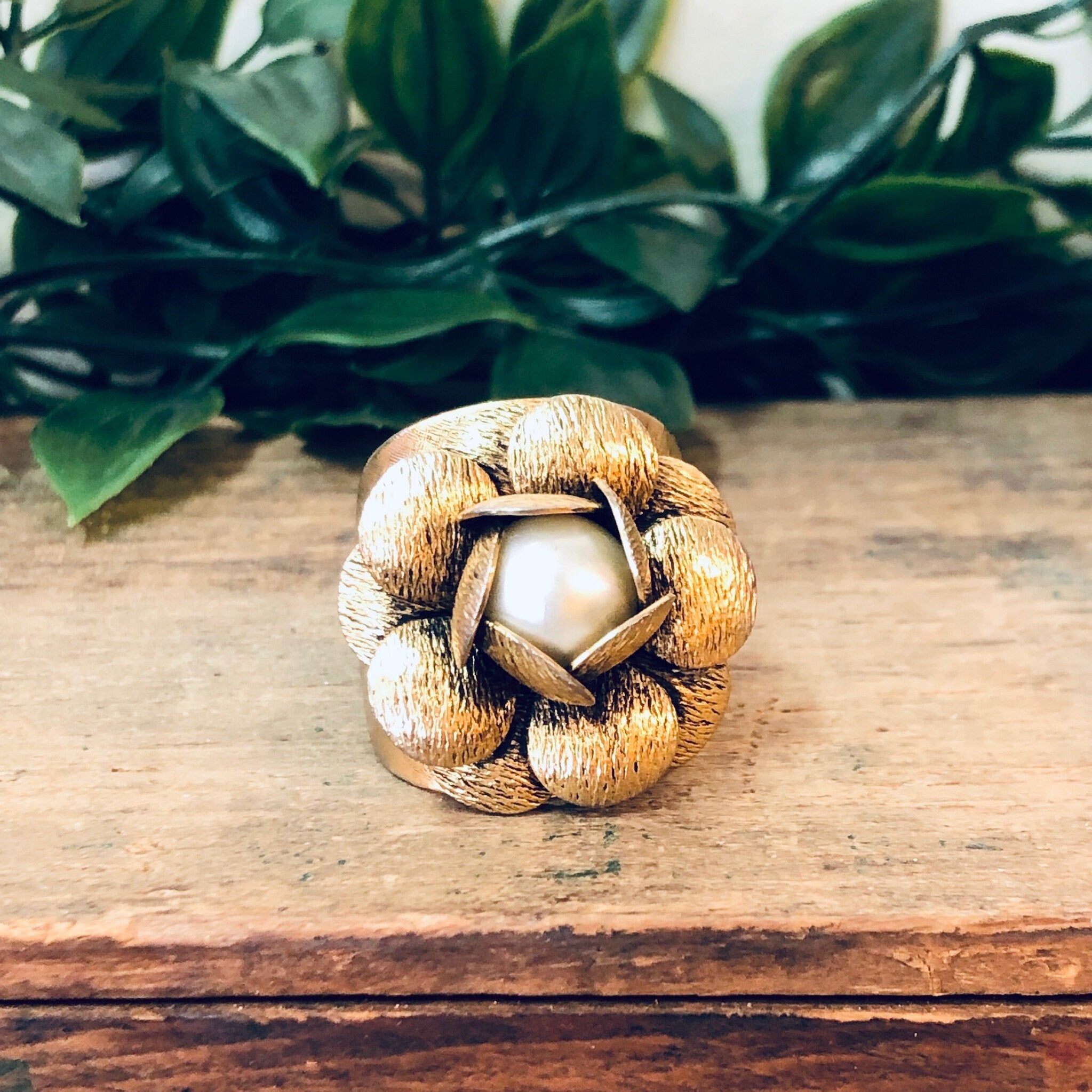Vintage Gold Ring, Gold Toned Ring, Faux Pearl Ring, Adjustable Ring, Flower Ring, Large Ring, Floral Design, Floral Filagree, Cocktail Ring