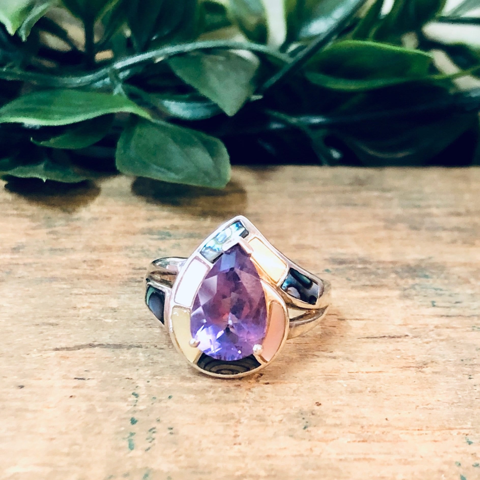 Vintage Silver Ring, Amethyst Stone, Mother Of Pearl Ring, Abalone Jewelry, Teardrop Shaped Stone, Purple Jewelry, Unique Jewelry, 925 Ring