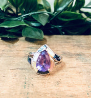 Vintage Silver Ring, Amethyst Stone, Mother Of Pearl Ring, Abalone Jewelry, Teardrop Shaped Stone, Purple Jewelry, Unique Jewelry, 925 Ring