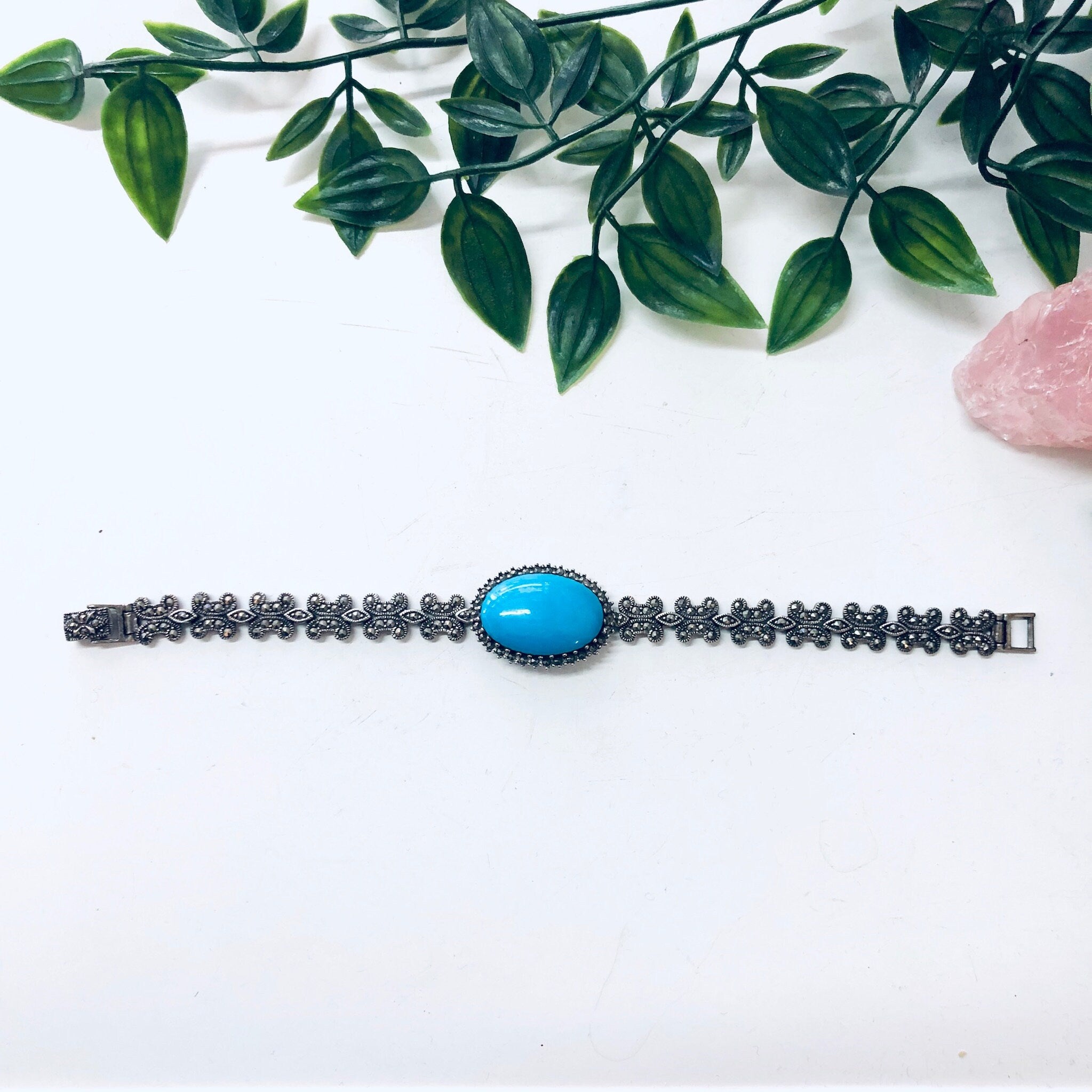 Vintage Bracelet, Turquoise Bracelet, Marcasite Jewelry, Silver Bracelet, Blue and Silver, Vintage Jewelry, Link Bracelet, Sparkly Jewelry