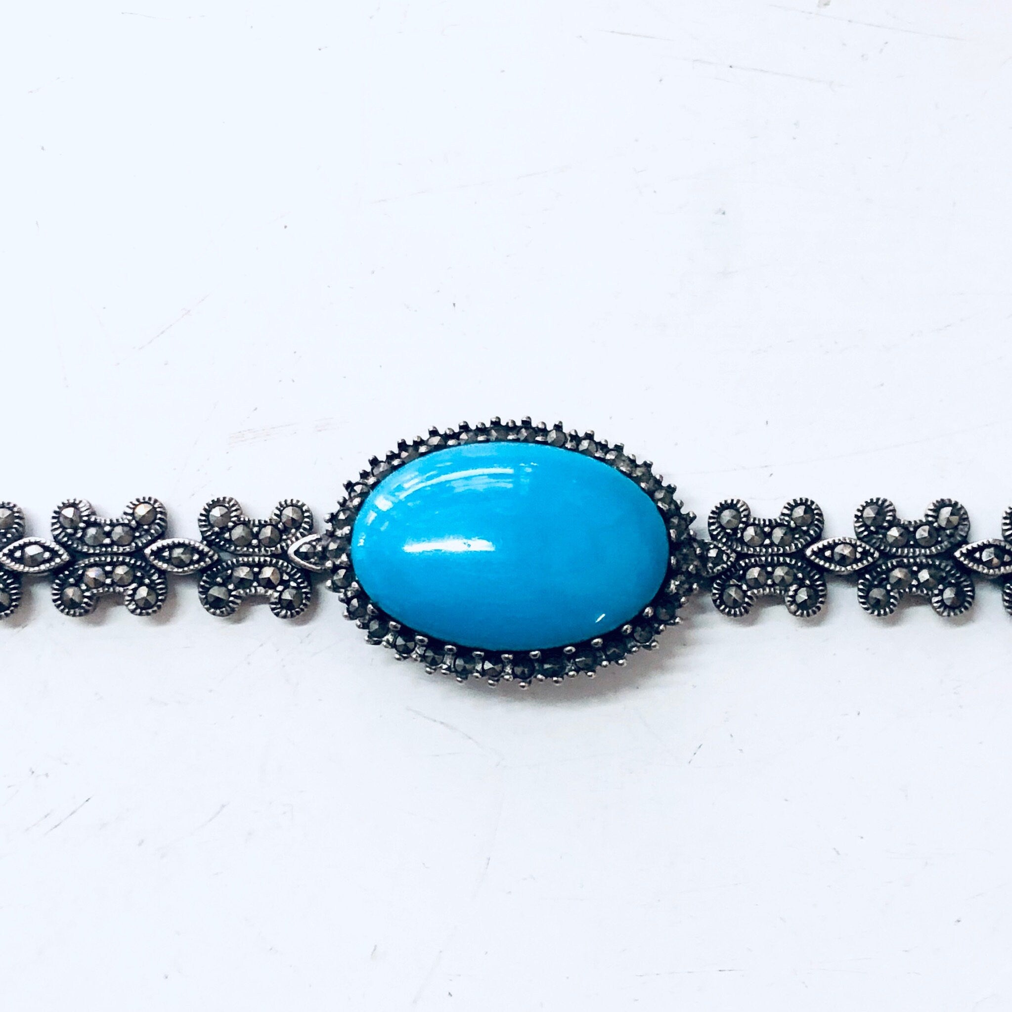 Vintage Bracelet, Turquoise Bracelet, Marcasite Jewelry, Silver Bracelet, Blue and Silver, Vintage Jewelry, Link Bracelet, Sparkly Jewelry