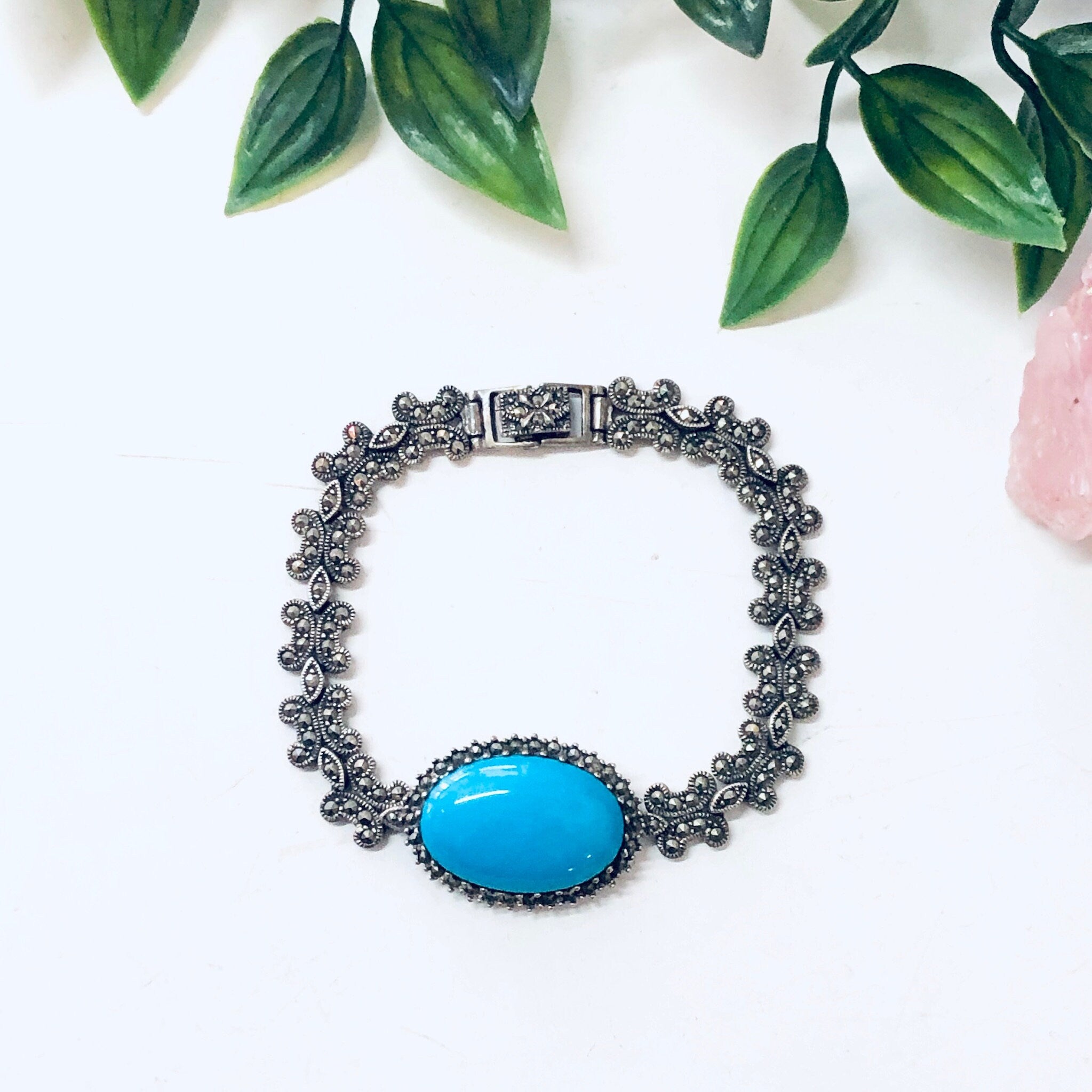 Vintage Bracelet, Turquoise Bracelet, Marcasite Jewelry, Silver Bracelet, Blue and Silver, Vintage Jewelry, Link Bracelet, Sparkly Jewelry