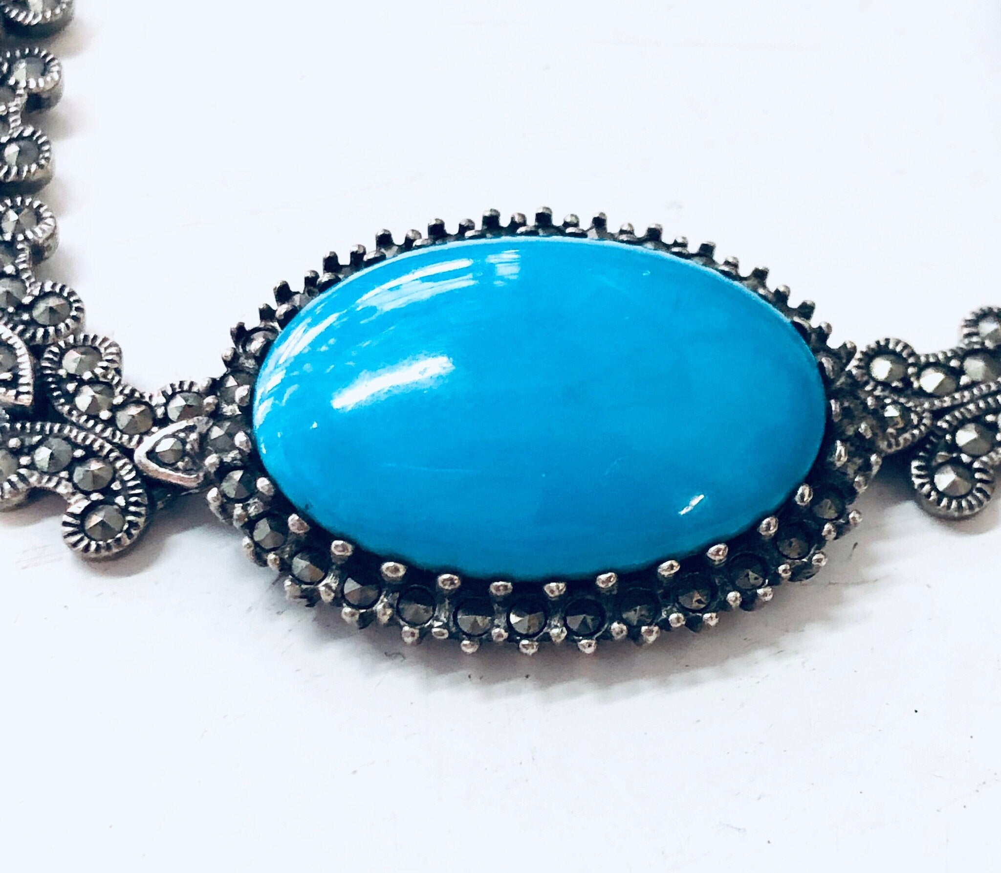 Vintage Bracelet, Turquoise Bracelet, Marcasite Jewelry, Silver Bracelet, Blue and Silver, Vintage Jewelry, Link Bracelet, Sparkly Jewelry