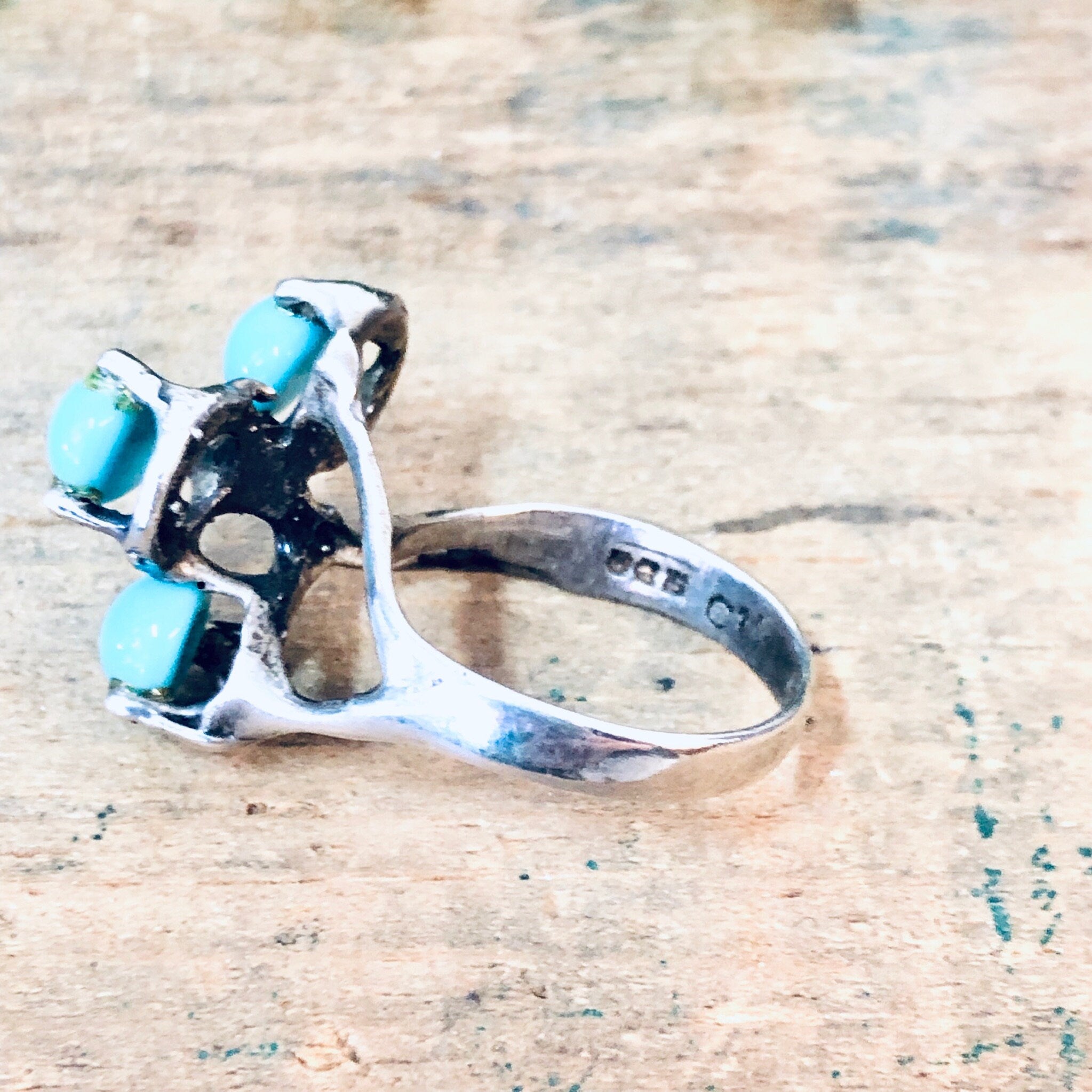 Vintage Silver Ring, Turquoise Ring, Turquoise Beads, Southwestern Ring, Vintage Jewelry, Unique Jewelry, Abstract Ring, 925 Ring, Blue Ring