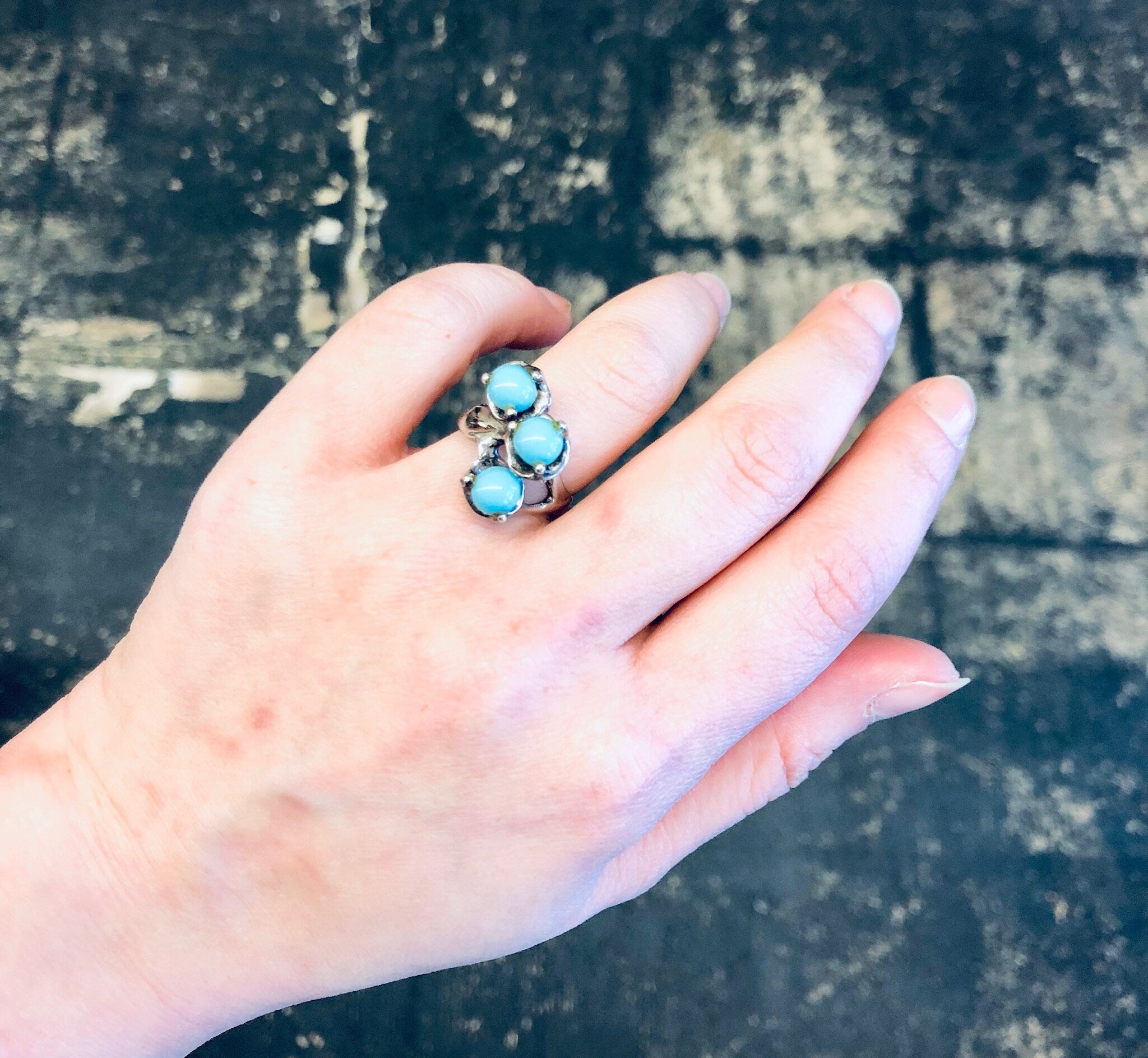 Vintage Silver Ring, Turquoise Ring, Turquoise Beads, Southwestern Ring, Vintage Jewelry, Unique Jewelry, Abstract Ring, 925 Ring, Blue Ring