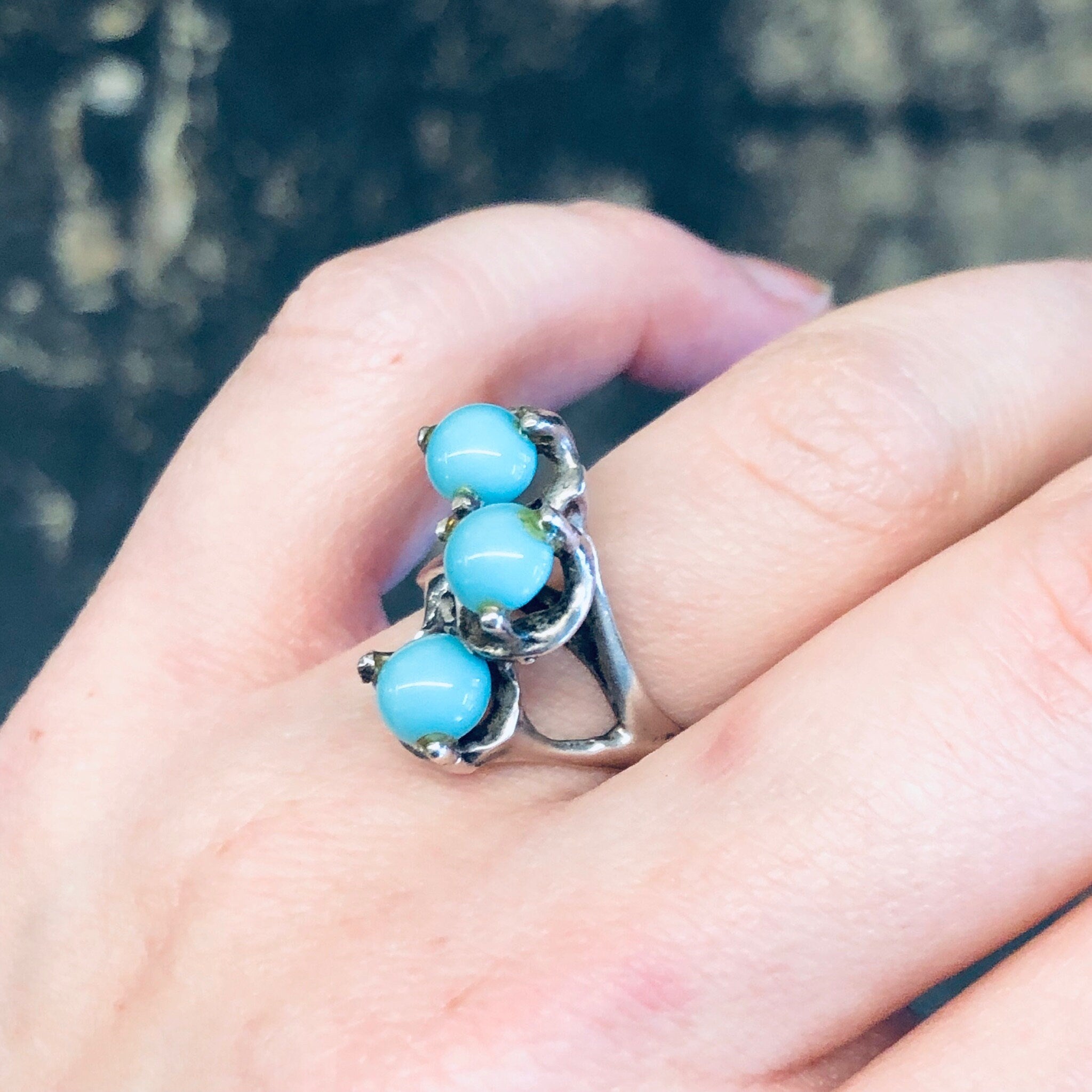 Vintage Silver Ring, Turquoise Ring, Turquoise Beads, Southwestern Ring, Vintage Jewelry, Unique Jewelry, Abstract Ring, 925 Ring, Blue Ring