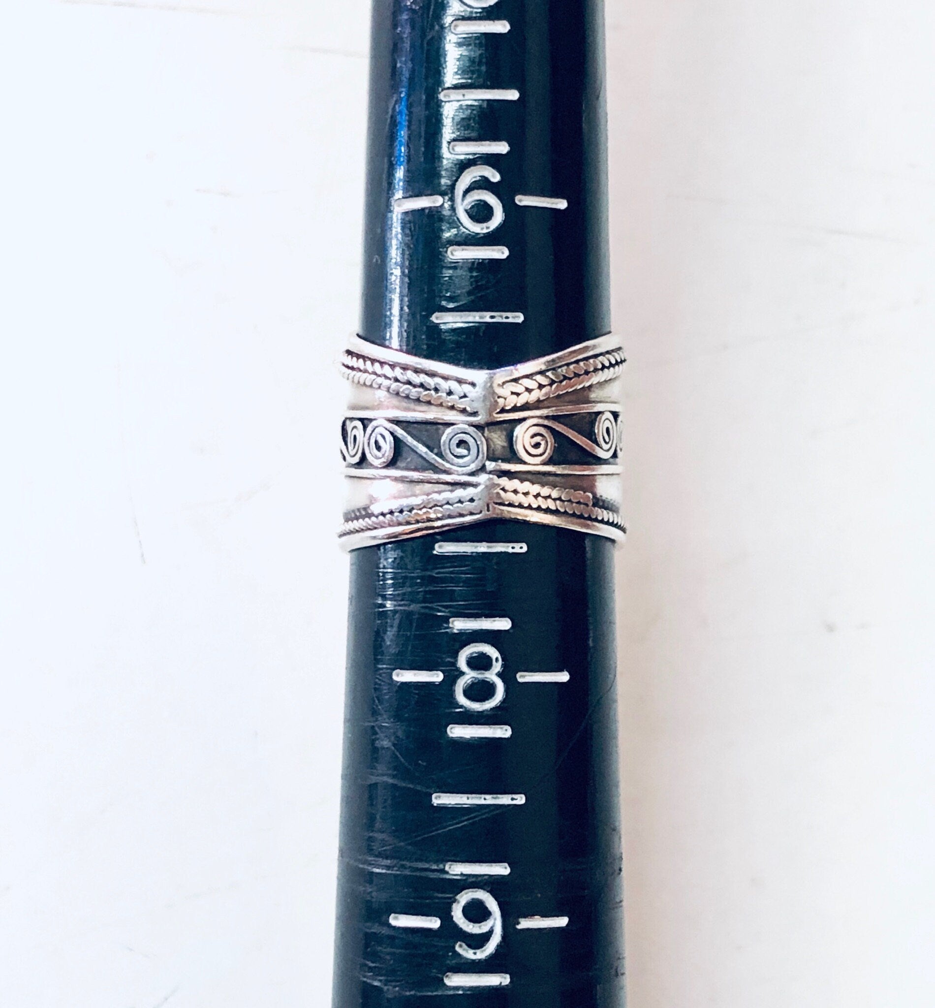 Vintage silver swirl design band ring, thick statement jewelry ring for wife, 925 silver, with measurement ruler markings engraved on the band.