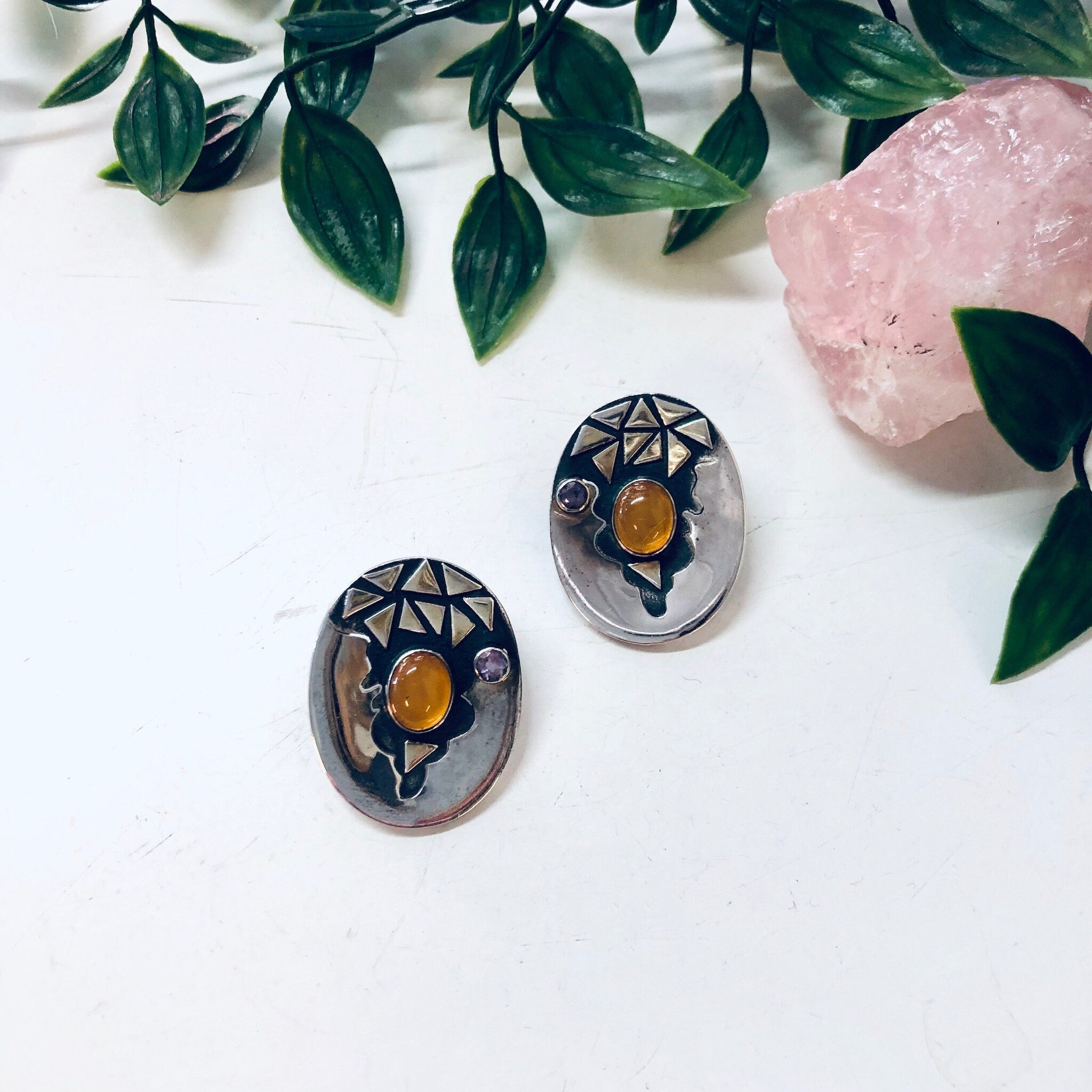 Vintage Silver Earrings, Orange Stone, Amethyst Earrings, Post Earrings, Unique Jewelry, Hippie Earrings, Boho Style, Abstract Earrings, 925