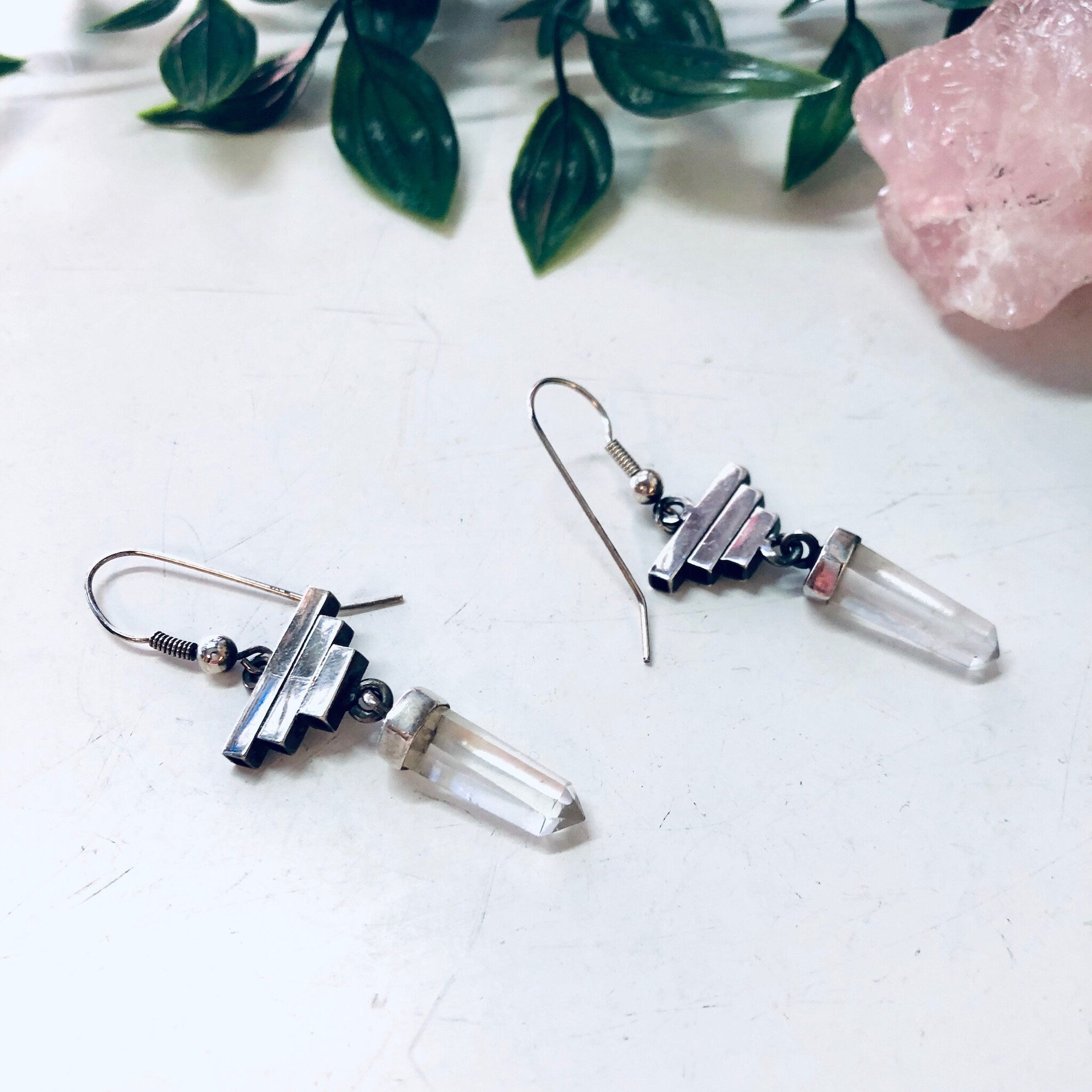 Vintage Silver Earrings, Pyramid Earrings, Quartz Earrings, Vintage Jewelry, Dangle Earrings, Statement Jewelry, Crystal Earrings, Healing