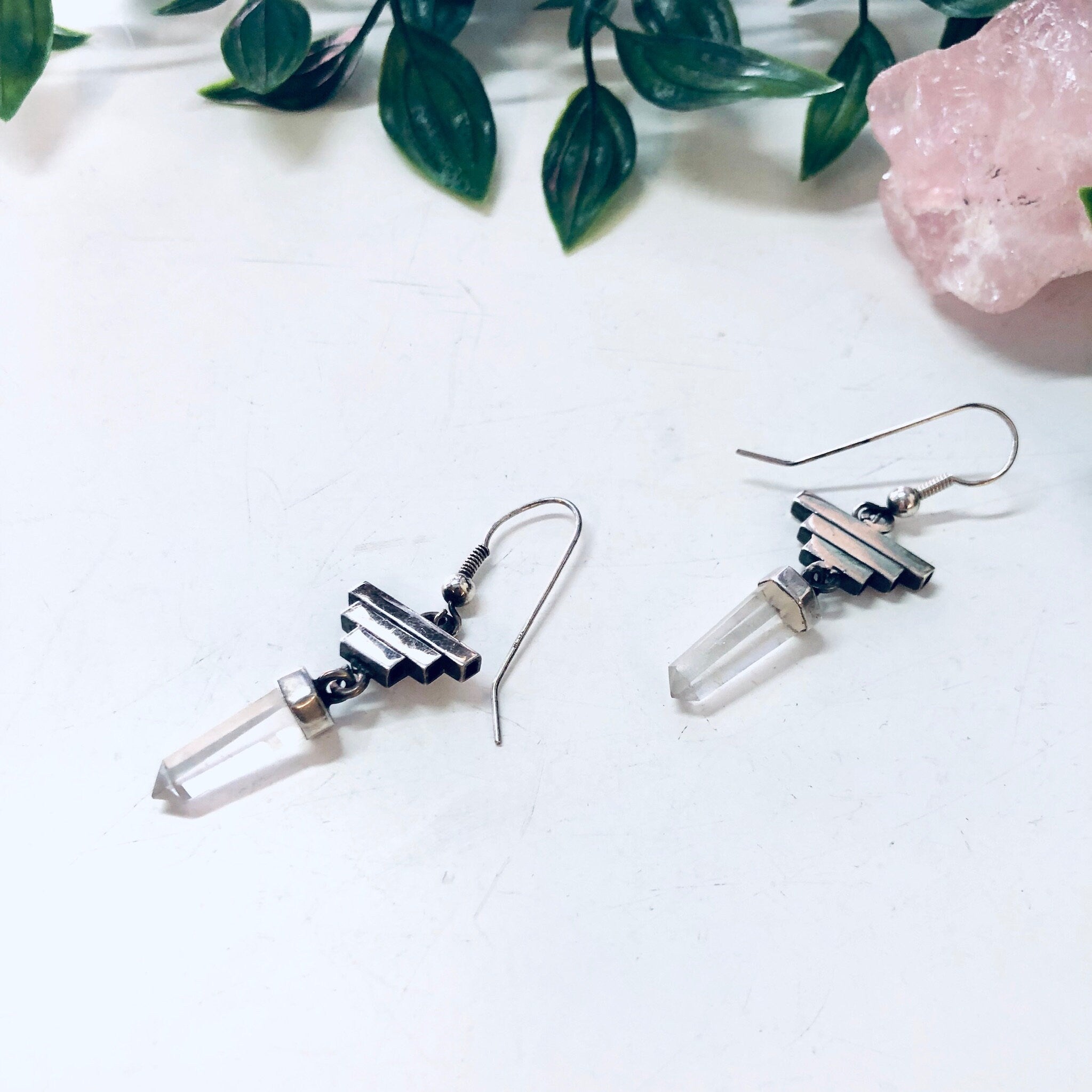 Vintage Silver Earrings, Pyramid Earrings, Quartz Earrings, Vintage Jewelry, Dangle Earrings, Statement Jewelry, Crystal Earrings, Healing