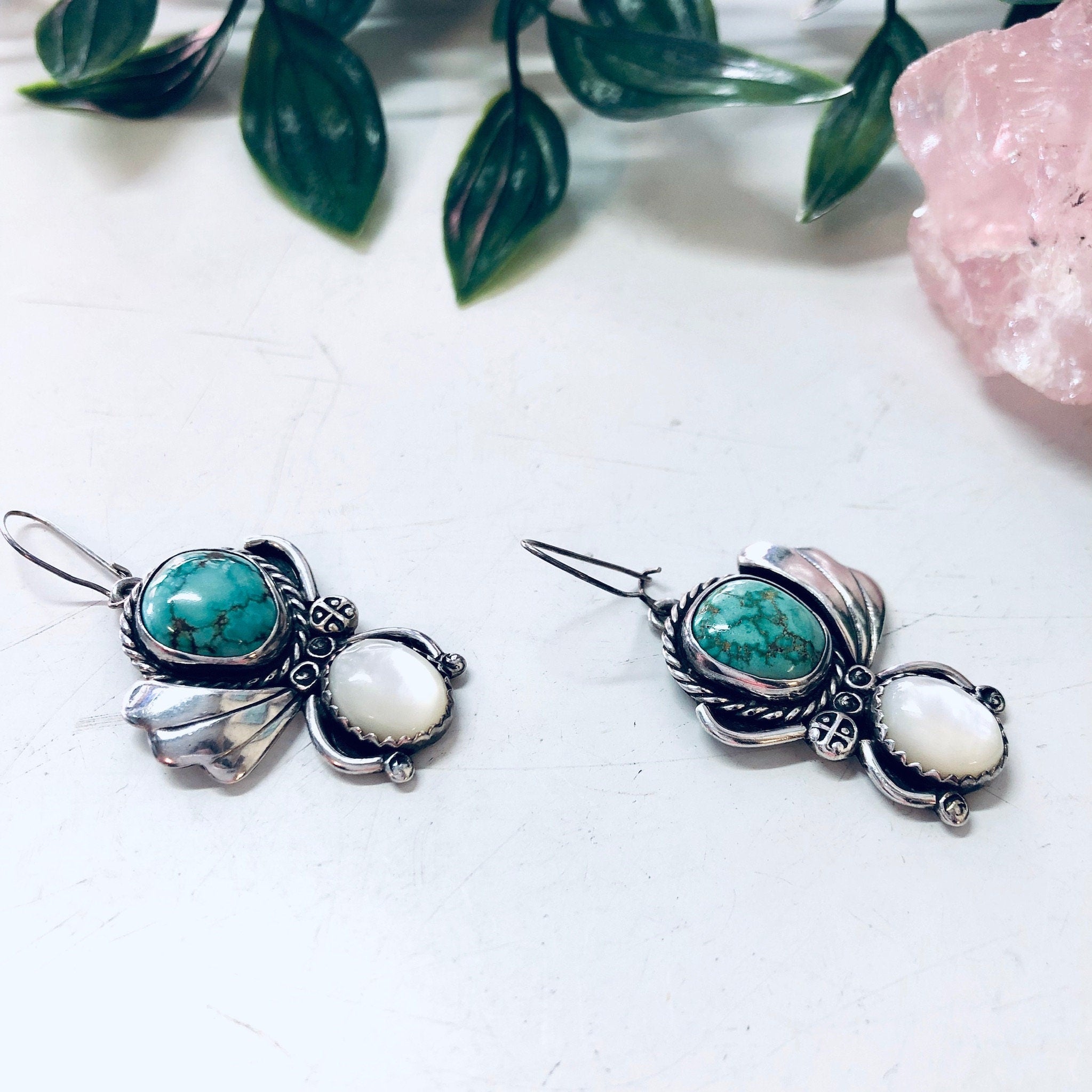 Vintage Silver Earrings, Turquoise Earrings, Mother of Pearl, Green and White, Vintage Jewelry, Green Turquoise, Dangle Earrings, Boho Style