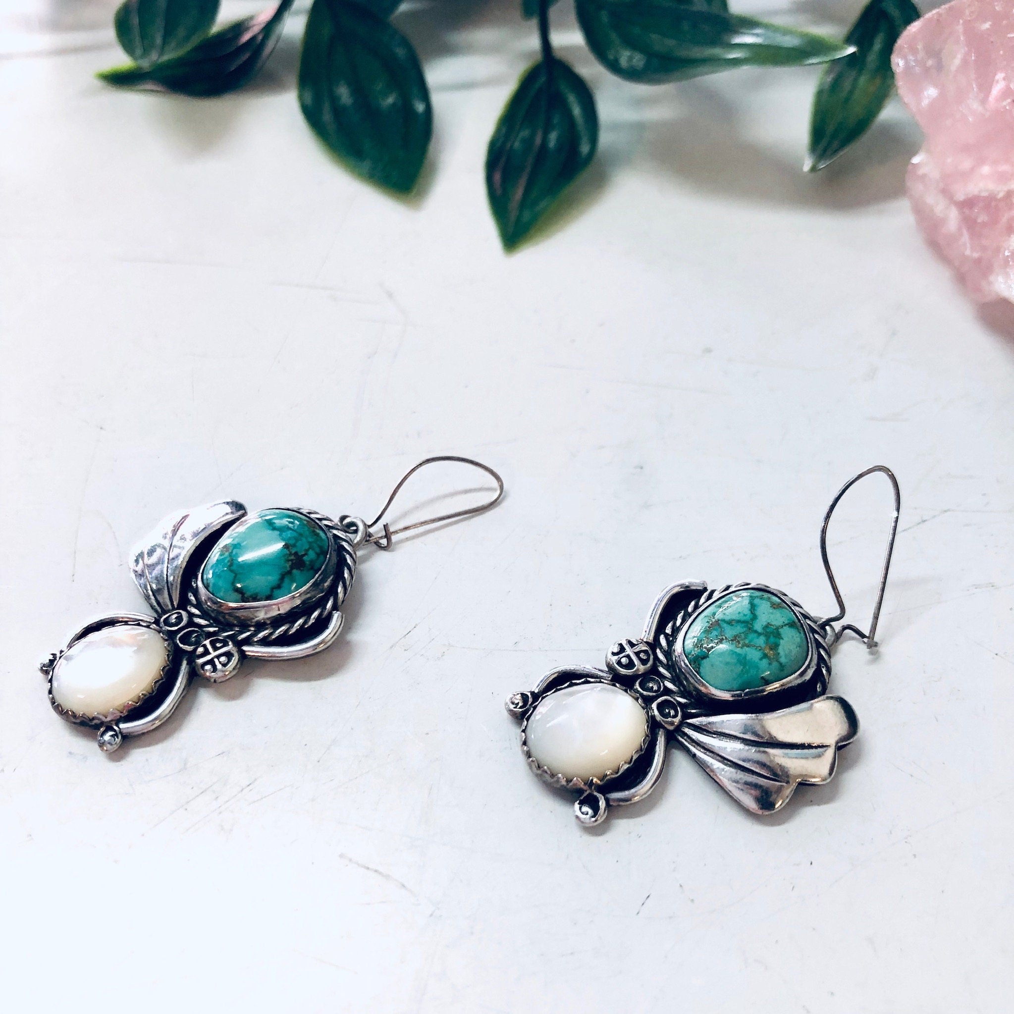 Vintage Silver Earrings, Turquoise Earrings, Mother of Pearl, Green and White, Vintage Jewelry, Green Turquoise, Dangle Earrings, Boho Style