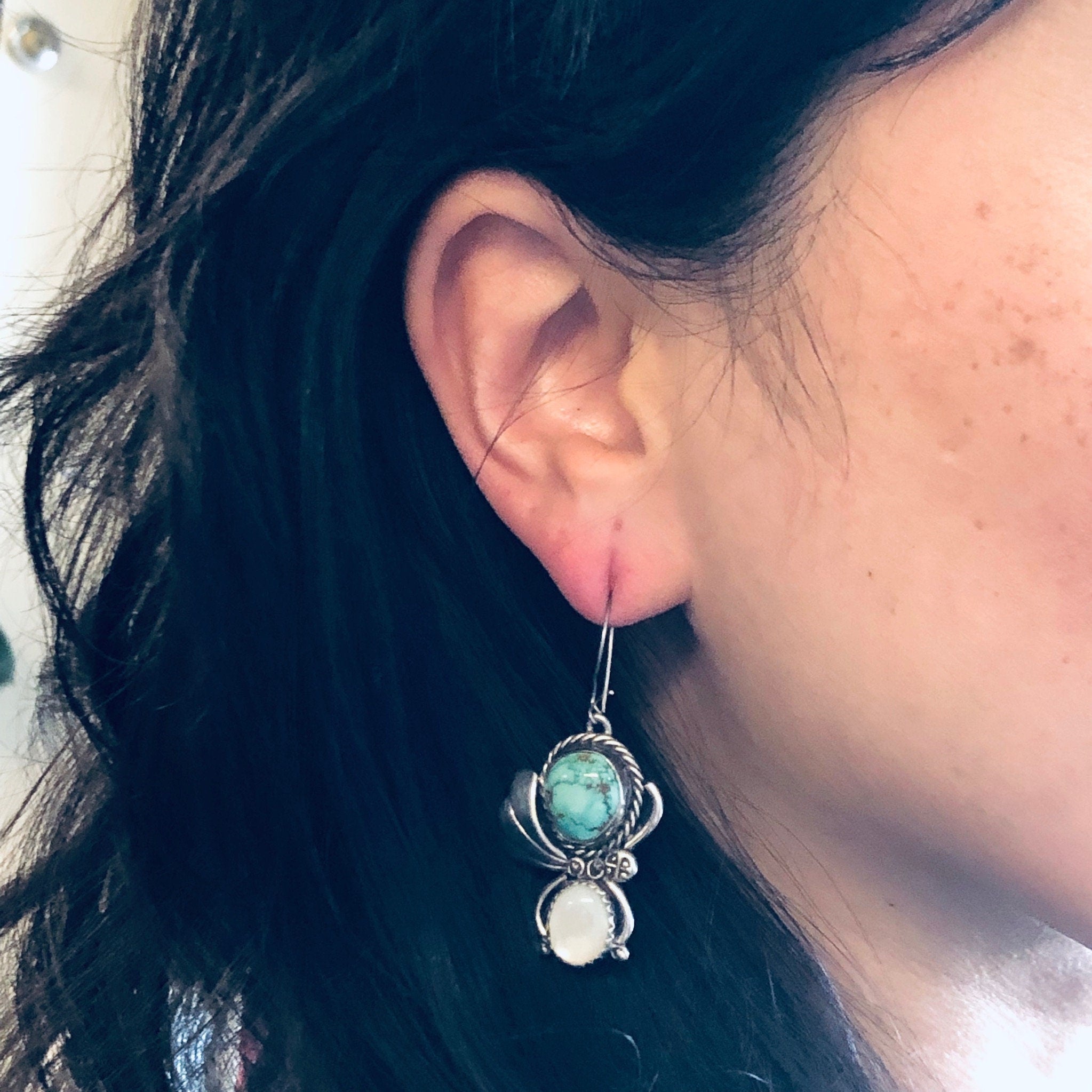 Vintage Silver Earrings, Turquoise Earrings, Mother of Pearl, Green and White, Vintage Jewelry, Green Turquoise, Dangle Earrings, Boho Style