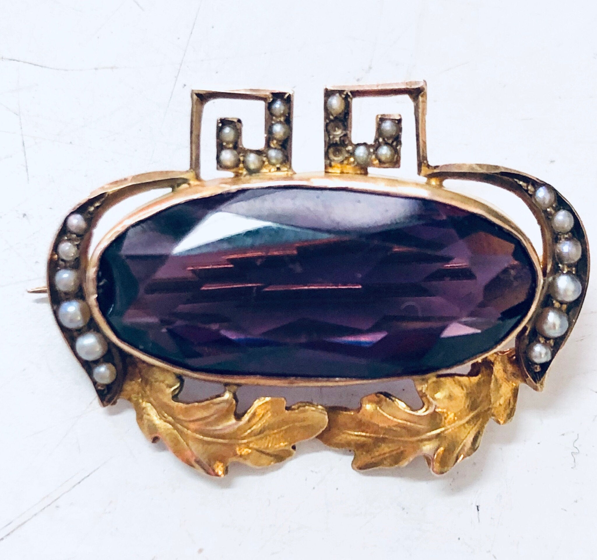 Vintage Gold Brooch, 10 Karat Gold Pin, 10K Yellow Gold, Amethyst Brooch, Vintage Pin, Vintage Jewelry, Unique Jewelry, Pearl Brooch, Purple