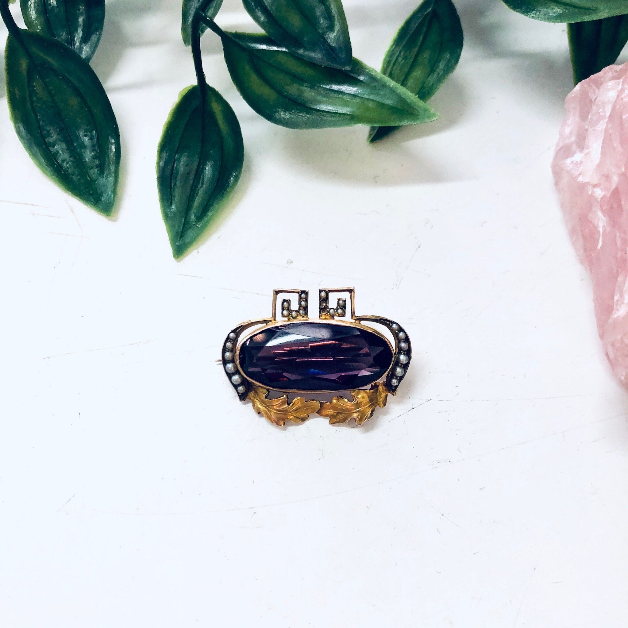 Vintage Gold Brooch, 10 Karat Gold Pin, 10K Yellow Gold, Amethyst Brooch, Vintage Pin, Vintage Jewelry, Unique Jewelry, Pearl Brooch, Purple