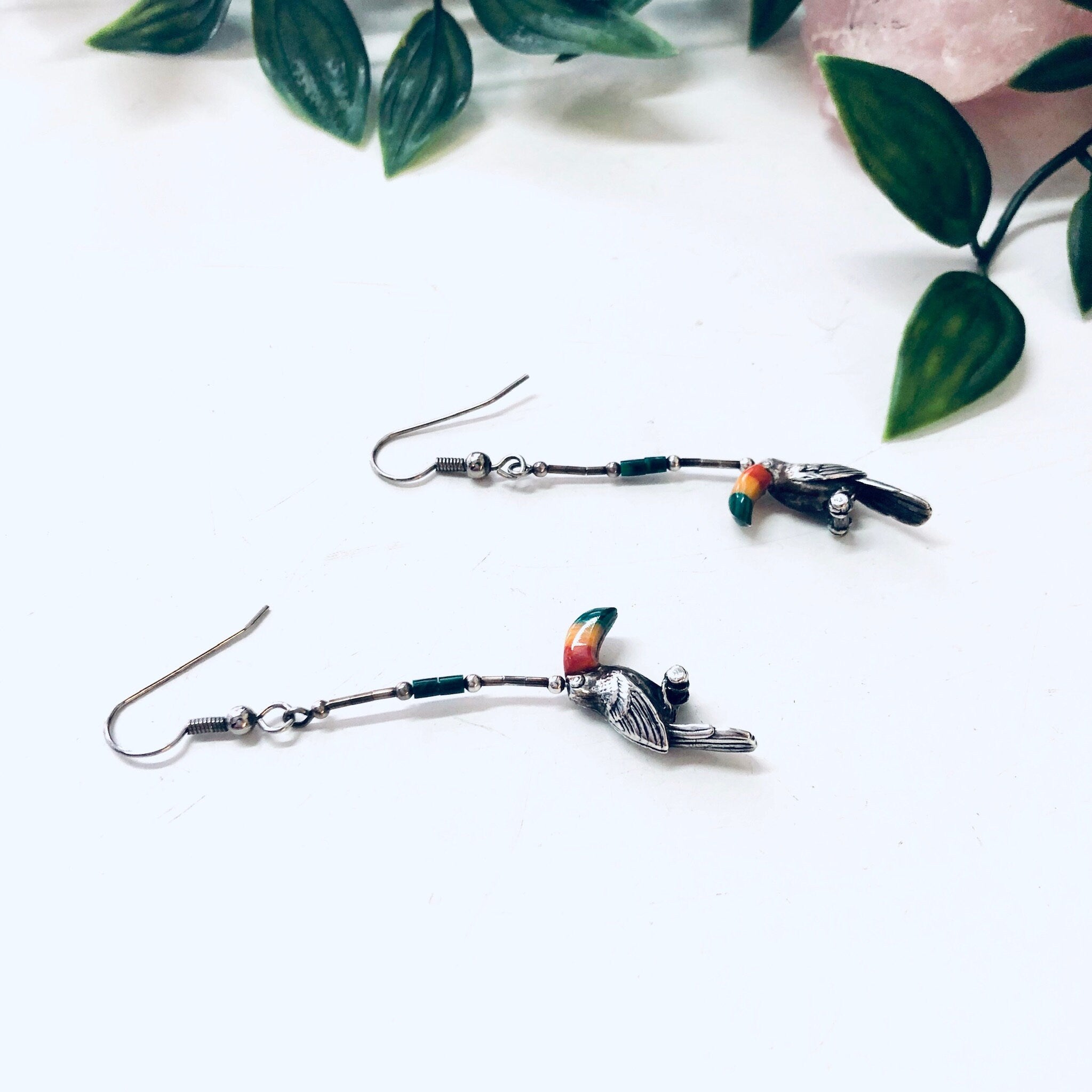 Vintage Silver Earrings, Toucan Earrings, Bird Jewelry, Malachite Earrings, Dangle Earrings, Pierced Ears, Perched Bird, Natural Stones, Red