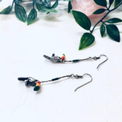 Vintage Silver Earrings, Toucan Earrings, Bird Jewelry, Malachite Earrings, Dangle Earrings, Pierced Ears, Perched Bird, Natural Stones, Red