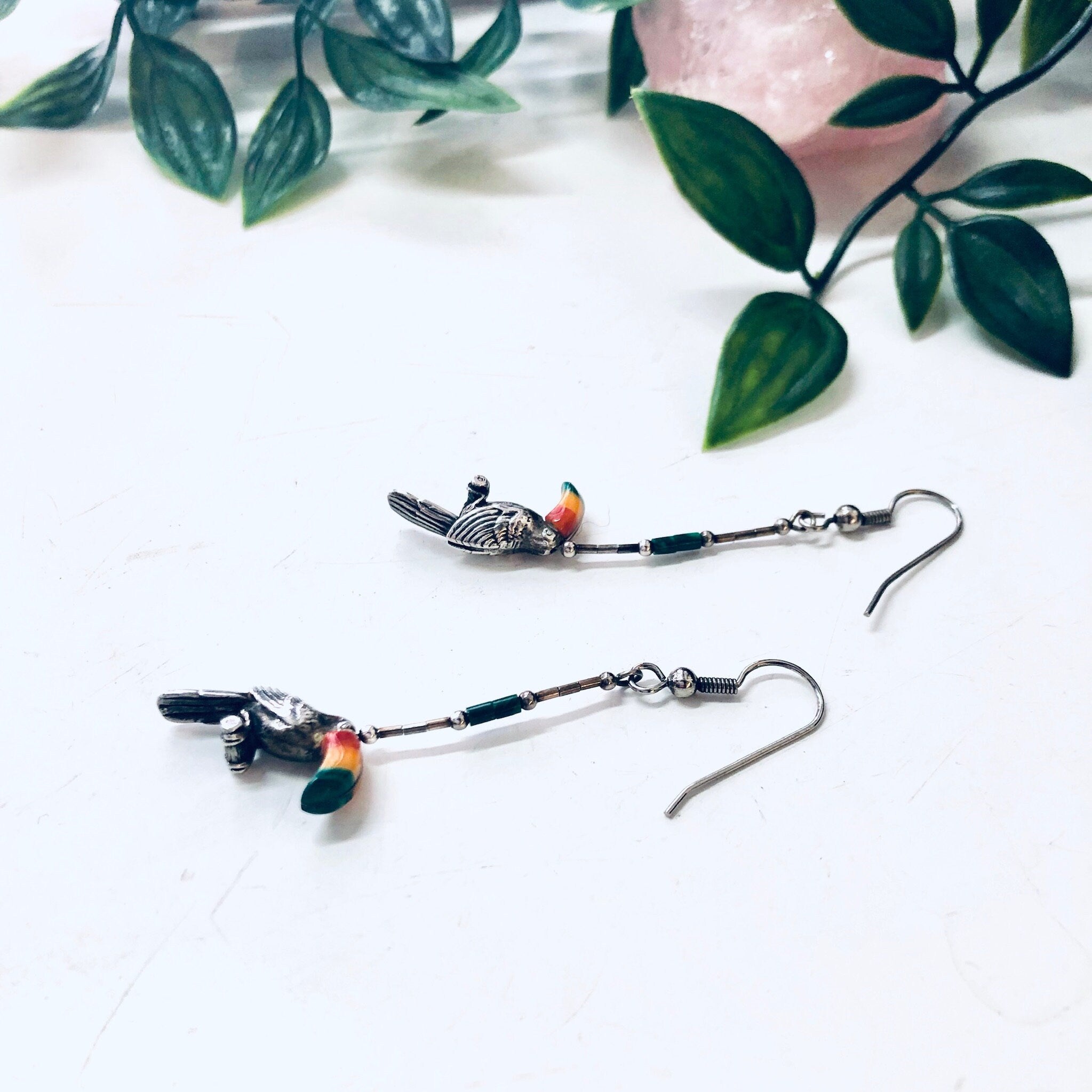 Vintage Silver Earrings, Toucan Earrings, Bird Jewelry, Malachite Earrings, Dangle Earrings, Pierced Ears, Perched Bird, Natural Stones, Red