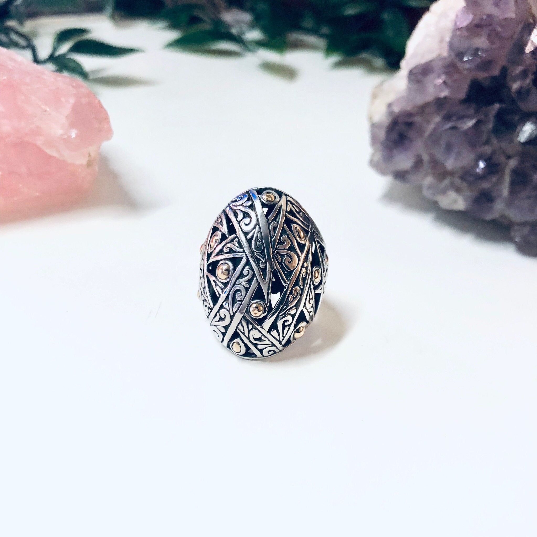 Vintage Silver Ring, Gold Accent Ring, Silver and Gold, 18K Gold Accent, Large Ring, Statement Jewelry, Vintage Jewelry, Anniversary Gift