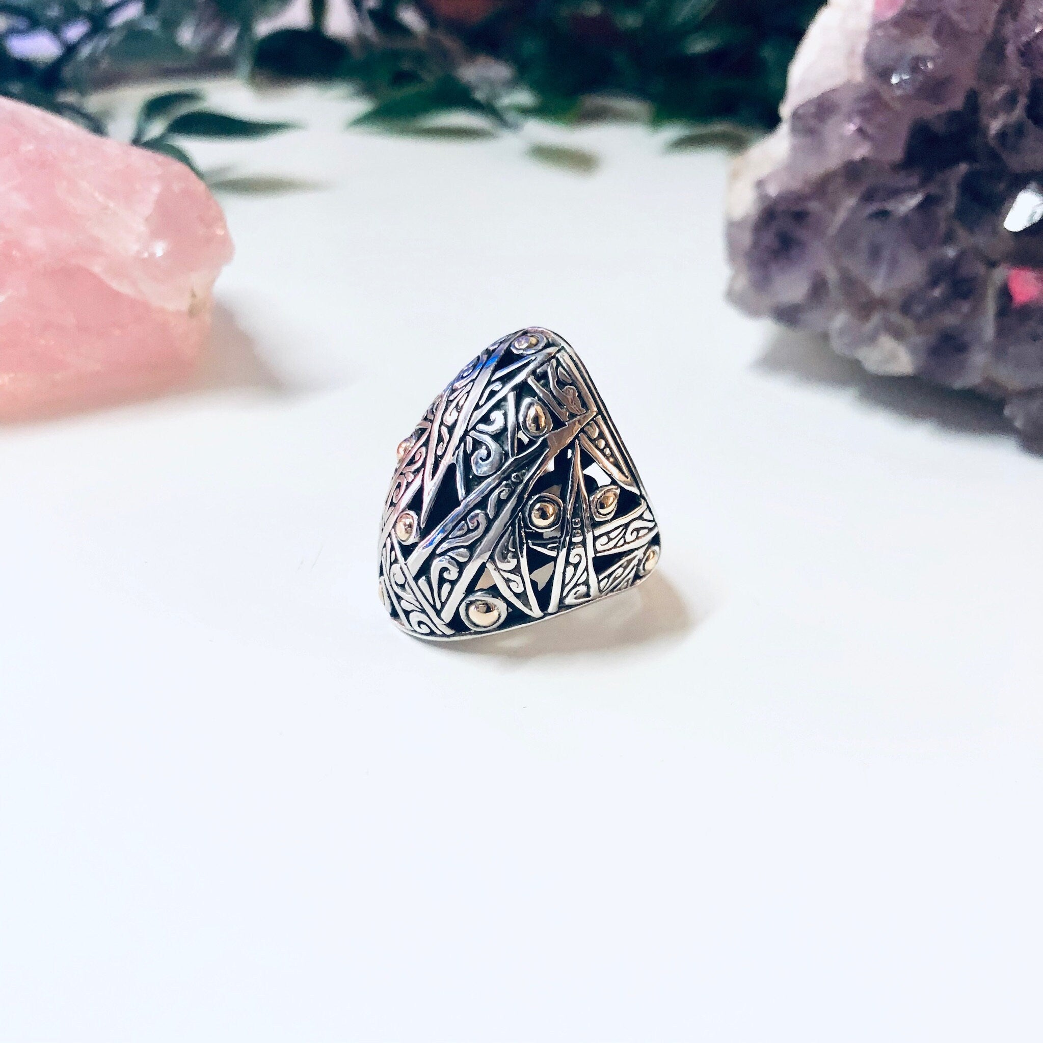 Vintage Silver Ring, Gold Accent Ring, Silver and Gold, 18K Gold Accent, Large Ring, Statement Jewelry, Vintage Jewelry, Anniversary Gift