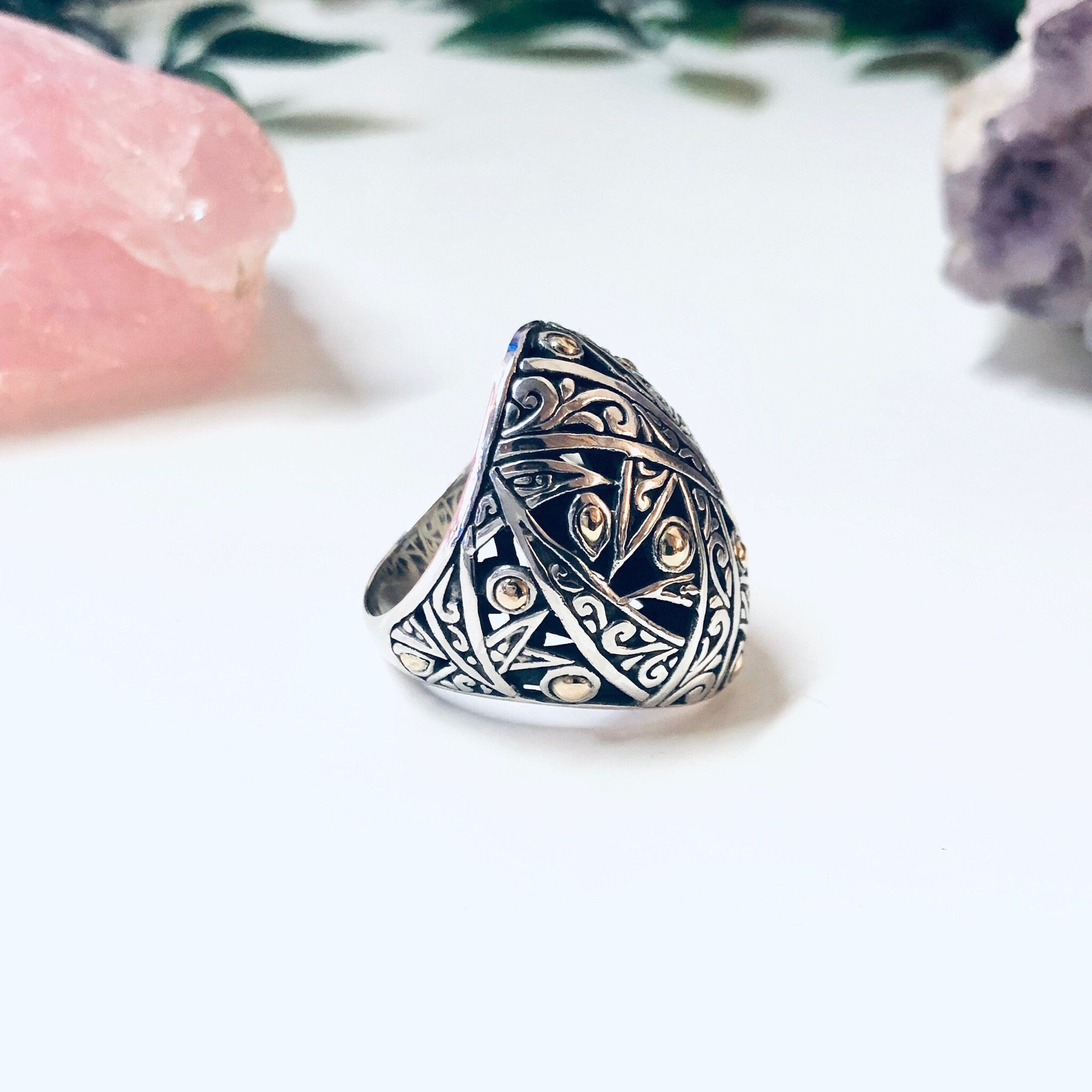 Vintage Silver Ring, Gold Accent Ring, Silver and Gold, 18K Gold Accent, Large Ring, Statement Jewelry, Vintage Jewelry, Anniversary Gift