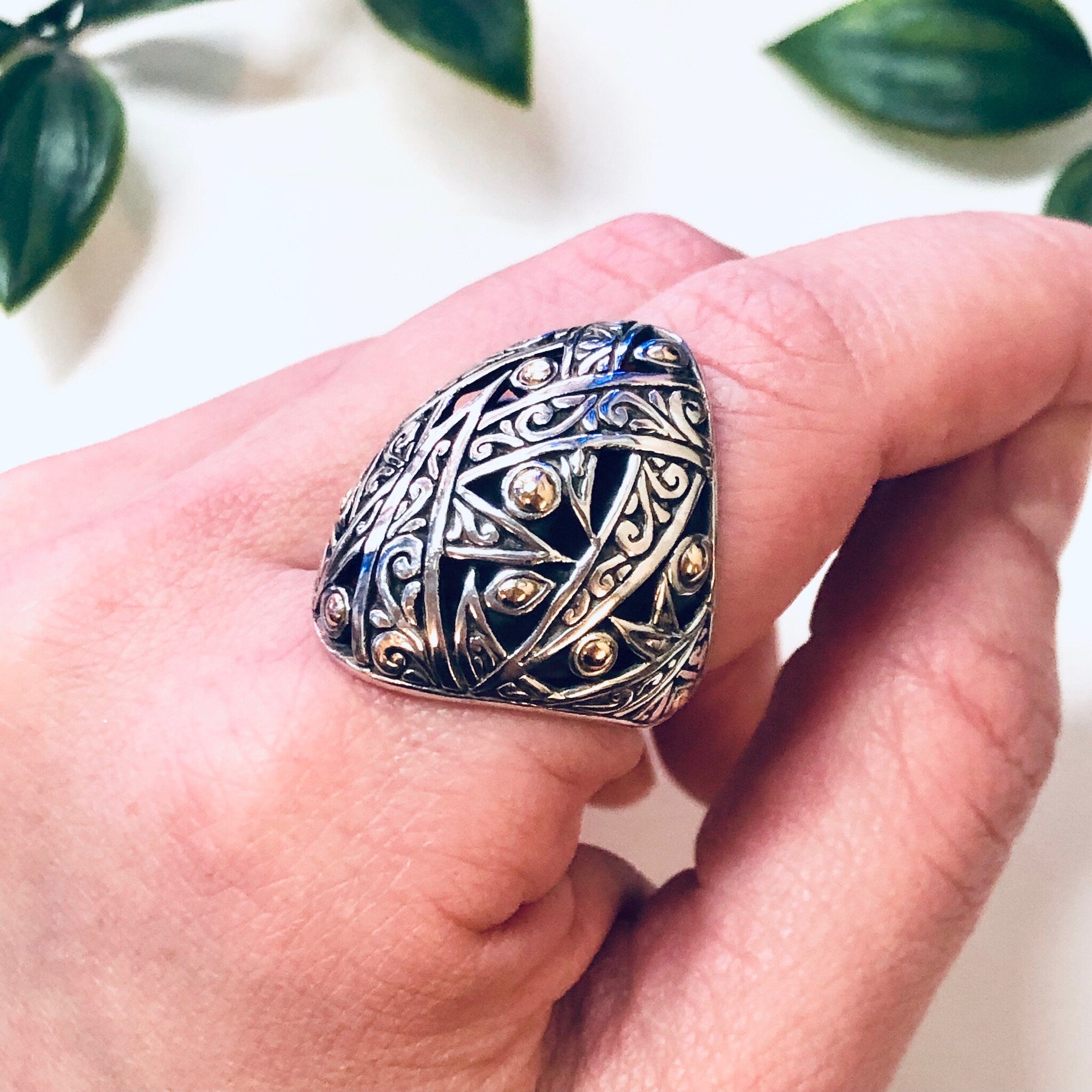 Vintage Silver Ring, Gold Accent Ring, Silver and Gold, 18K Gold Accent, Large Ring, Statement Jewelry, Vintage Jewelry, Anniversary Gift