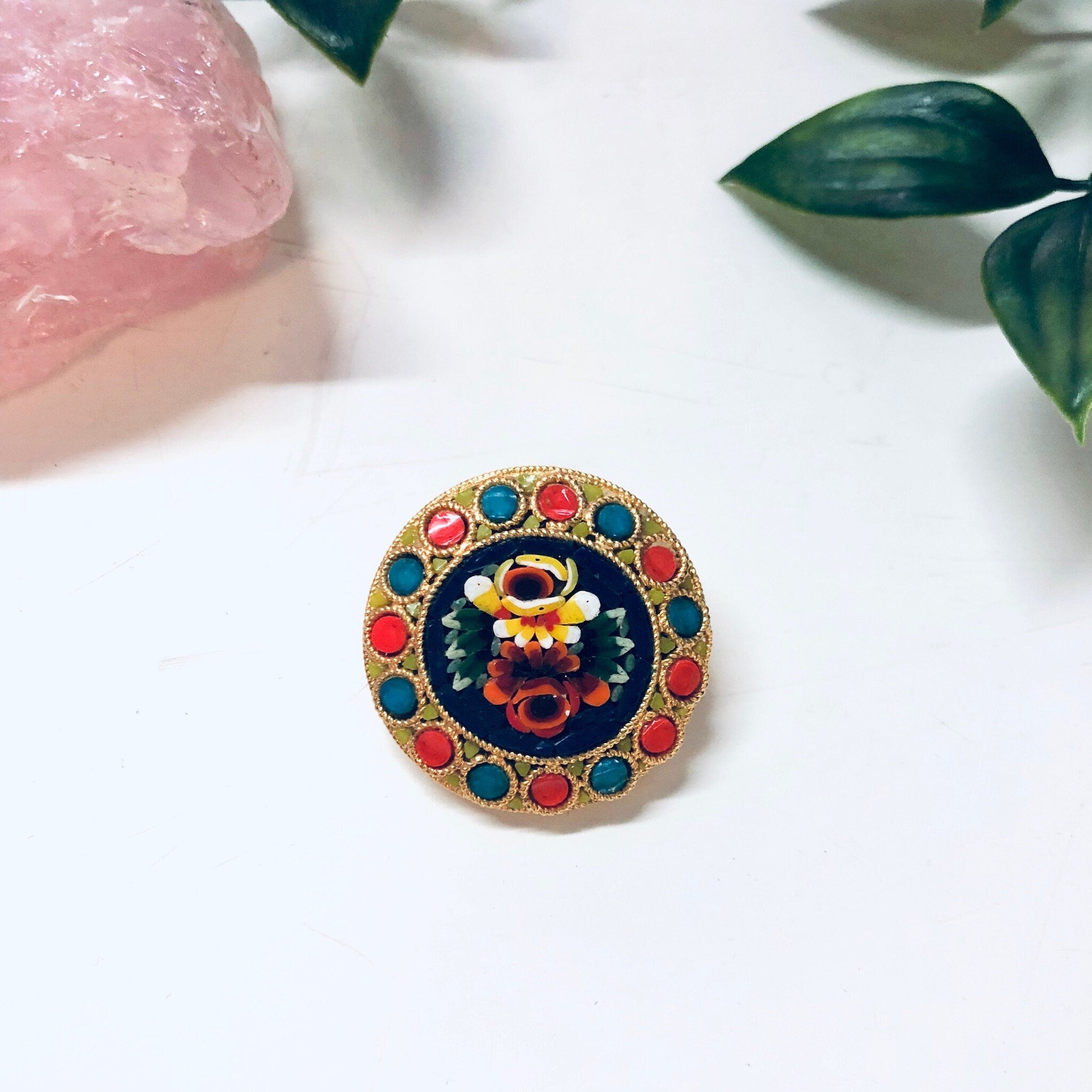 Vintage Millefiori Pin, Vintage Brooch, Mosaic Jewelry, Gold Toned Pin, Vintage Jewelry, Round Brooch, Floral Jewelry, Orange, Blue, Purple