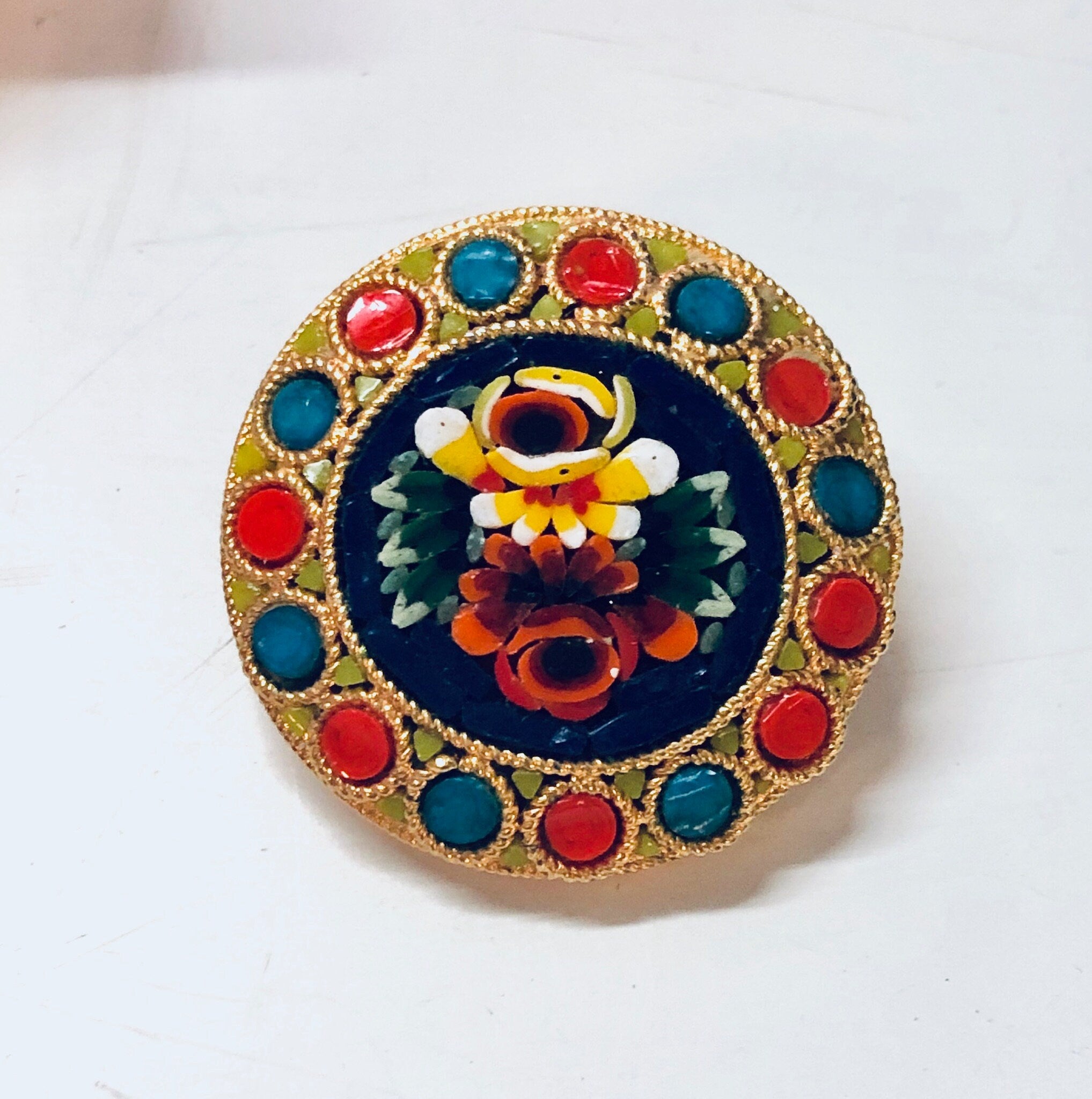 Vintage Millefiori Pin, Vintage Brooch, Mosaic Jewelry, Gold Toned Pin, Vintage Jewelry, Round Brooch, Floral Jewelry, Orange, Blue, Purple