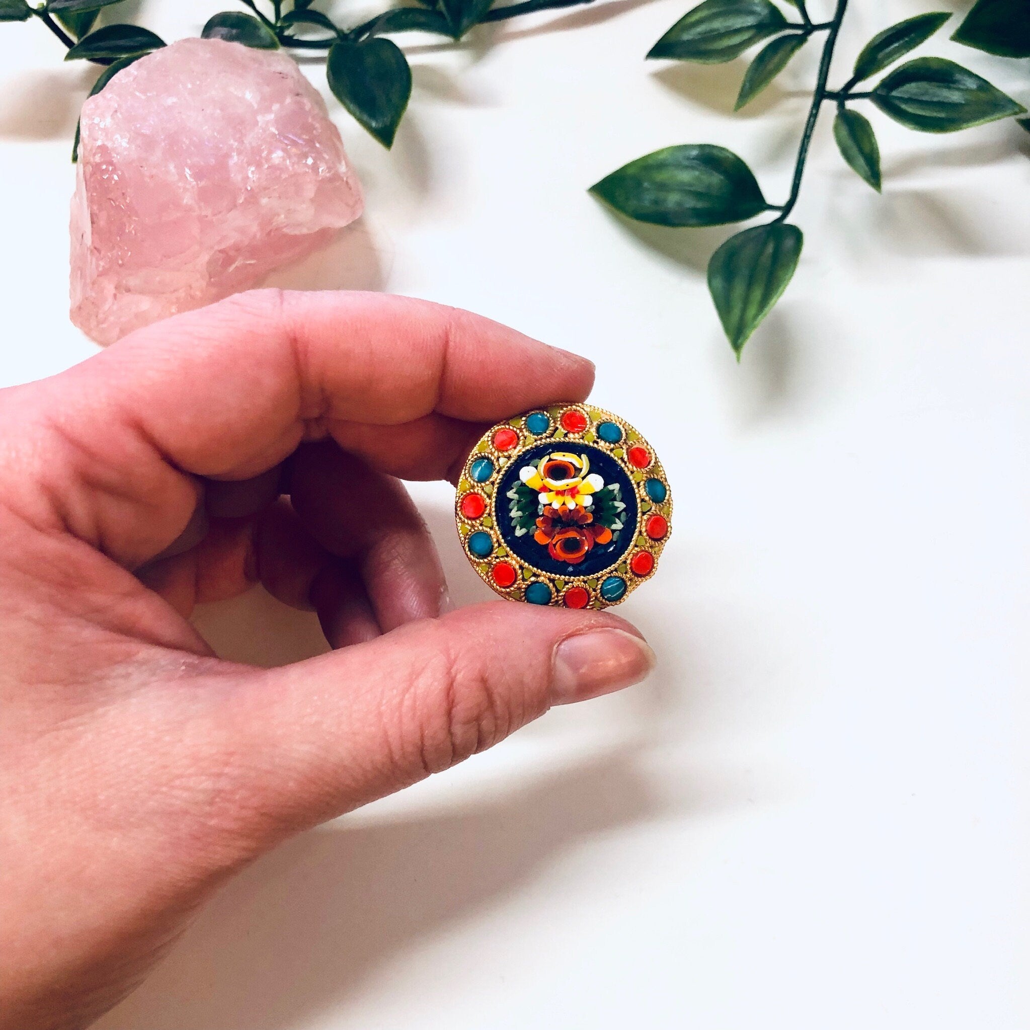 Vintage Millefiori Pin, Vintage Brooch, Mosaic Jewelry, Gold Toned Pin, Vintage Jewelry, Round Brooch, Floral Jewelry, Orange, Blue, Purple