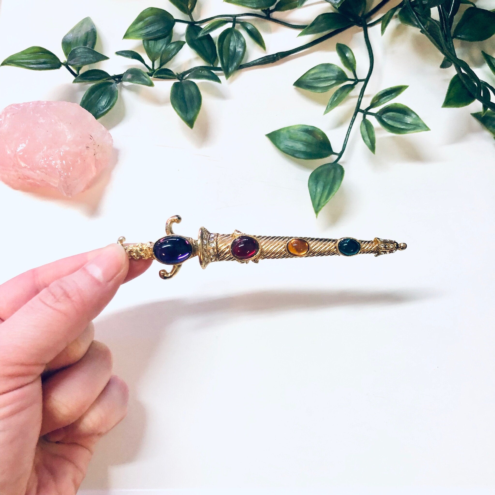 Vintage Dagger Brooch, Gold Toned Brooch, Gemstone Jewelry, Large Brooch, Sword Brooch, Purple, Red, Yellow, Green Gemstones, Dagger Jewelry