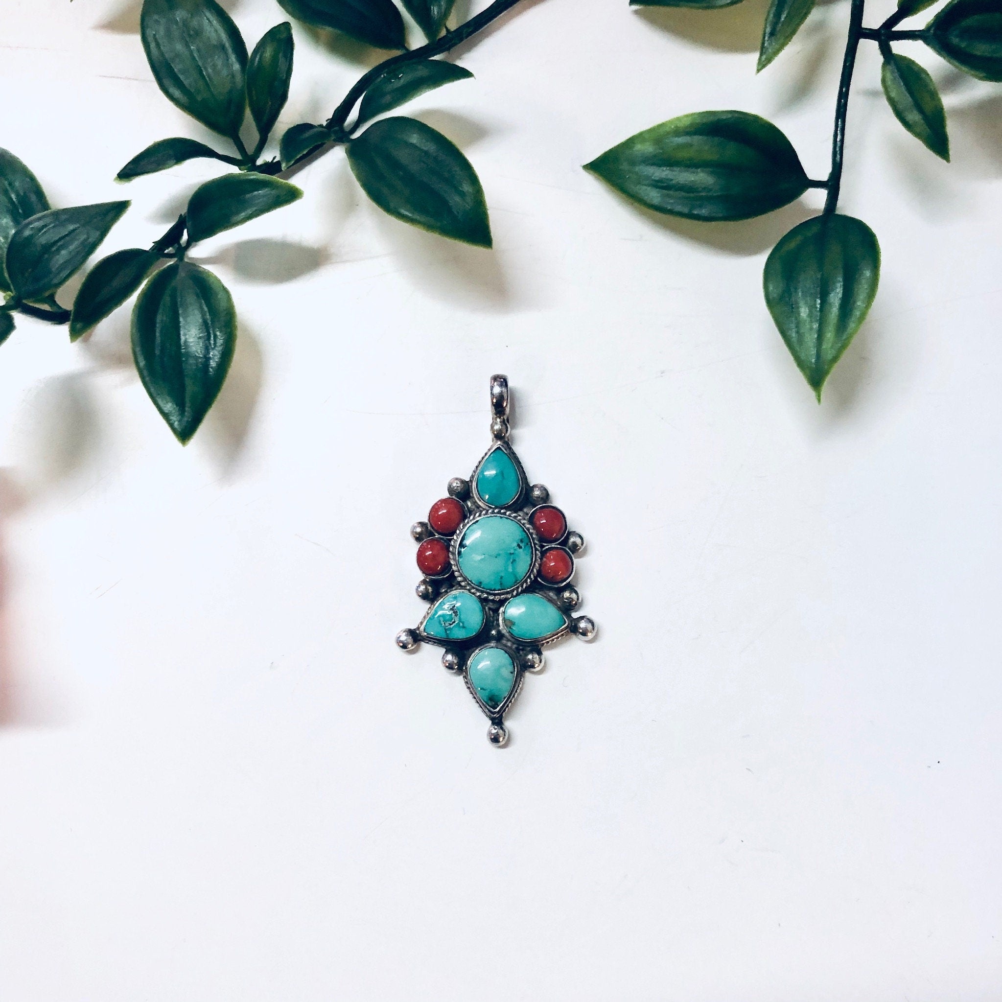 Vintage Silver Pendant, Southwestern Style, Turquoise Pendant, Coral Pendant, Unique Jewelry, Vintage Jewelry, Pendant Necklace, Blue, 925