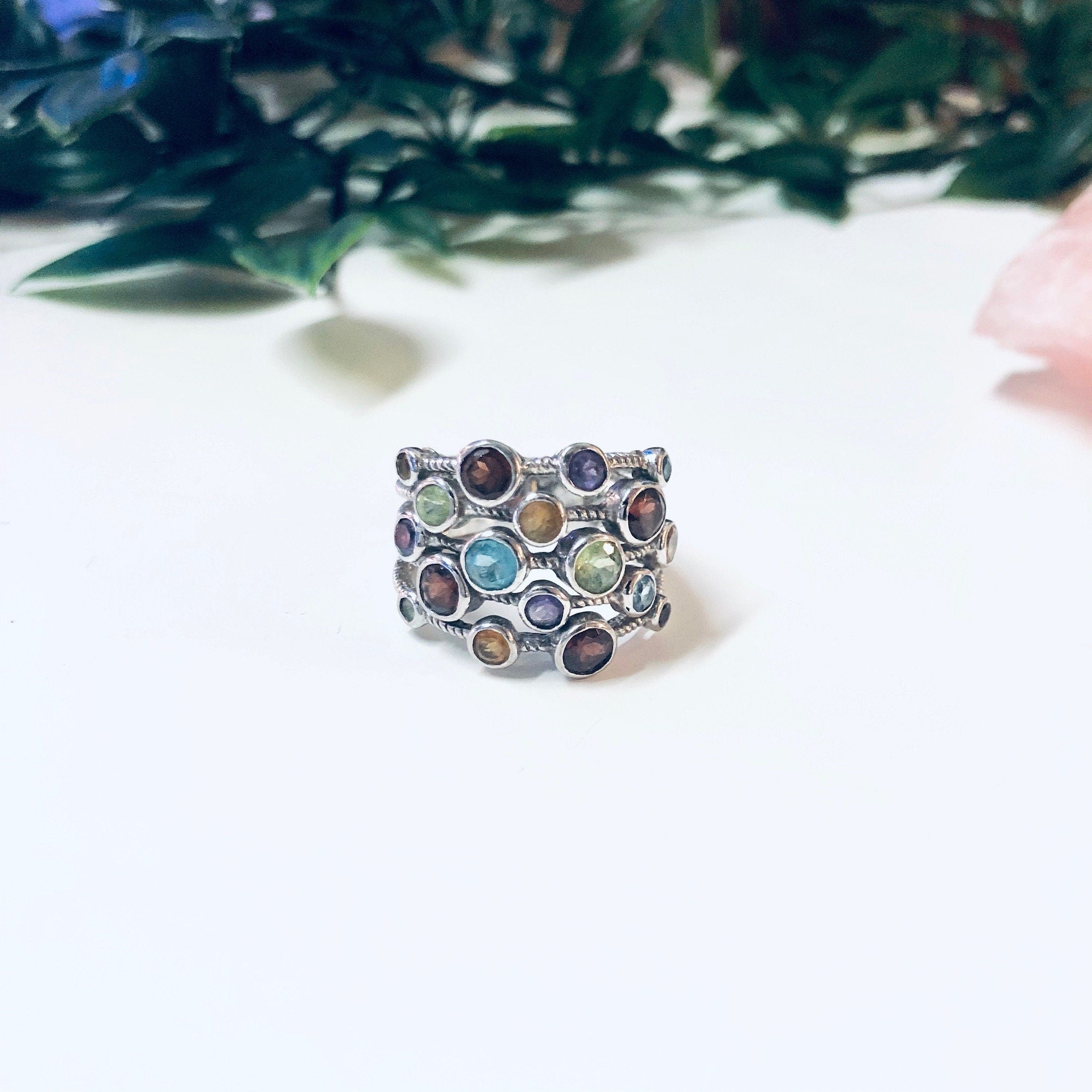 Vintage Silver Ring, Multi Band Ring, Multi Gem Ring, Statement Jewelry, Large Ring, 925 Ring, Purple, Blue, Red, Green, Yellow Gemstones,