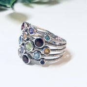 Vintage Silver Ring, Multi Band Ring, Multi Gem Ring, Statement Jewelry, Large Ring, 925 Ring, Purple, Blue, Red, Green, Yellow Gemstones,
