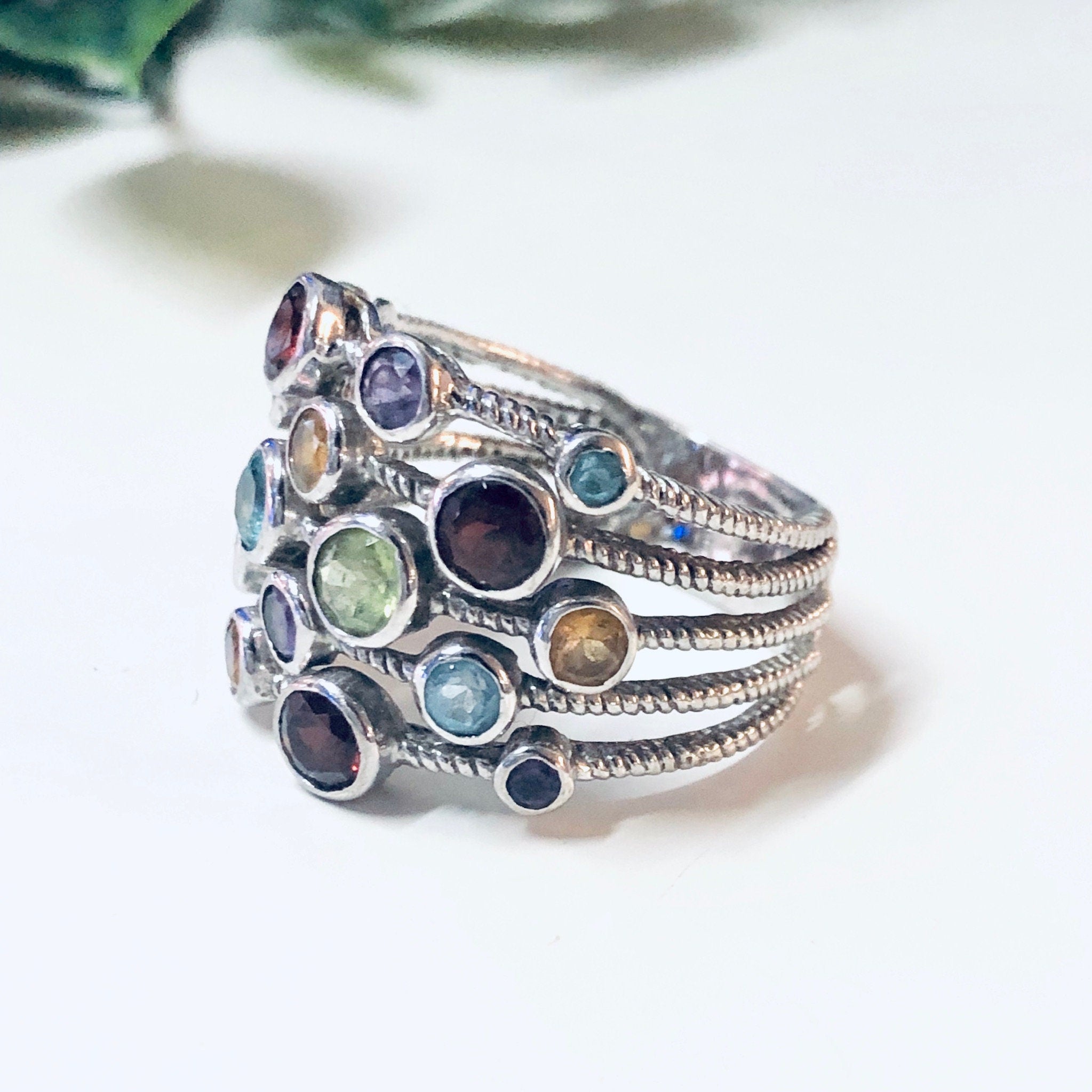 Vintage Silver Ring, Multi Band Ring, Multi Gem Ring, Statement Jewelry, Large Ring, 925 Ring, Purple, Blue, Red, Green, Yellow Gemstones,