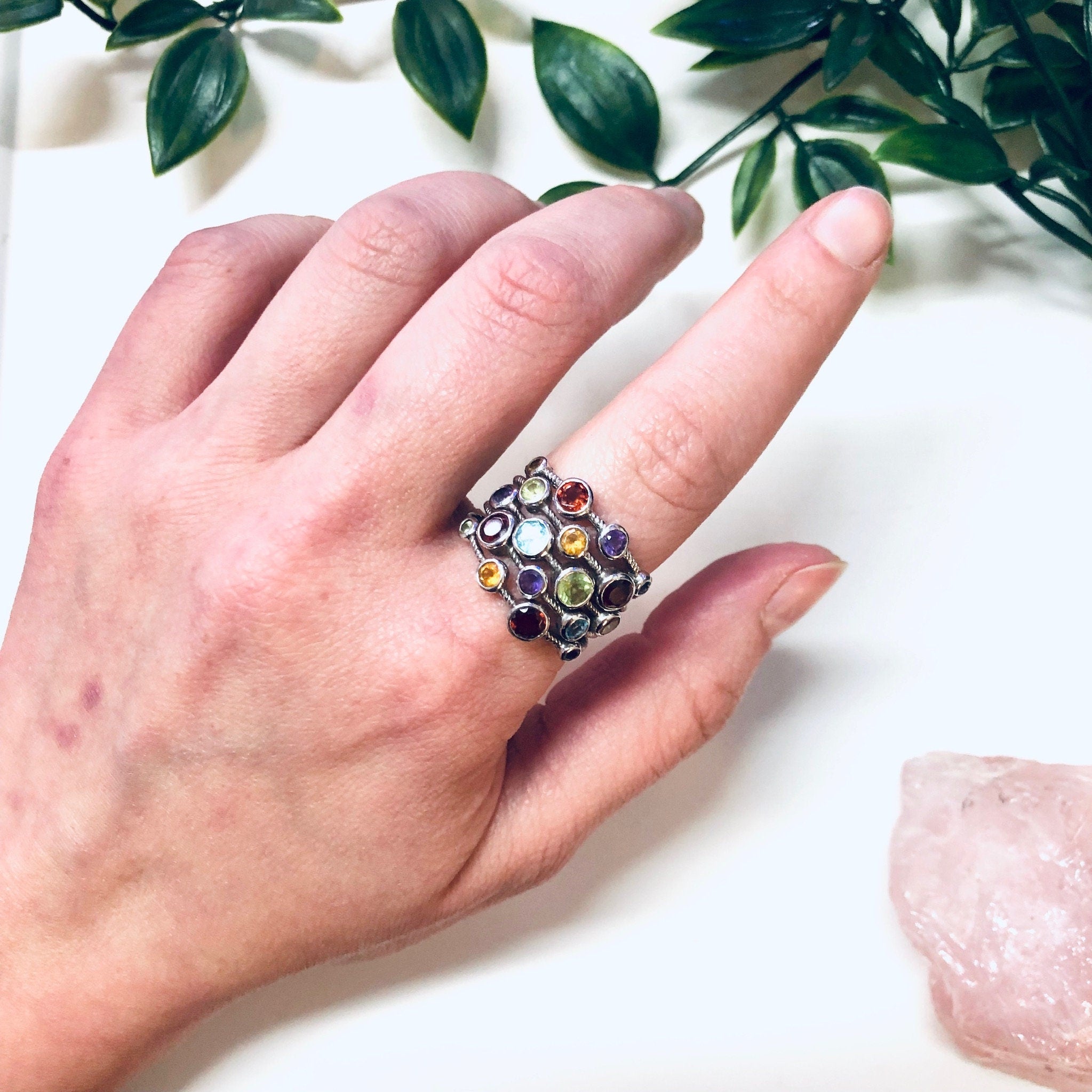 Vintage Silver Ring, Multi Band Ring, Multi Gem Ring, Statement Jewelry, Large Ring, 925 Ring, Purple, Blue, Red, Green, Yellow Gemstones,