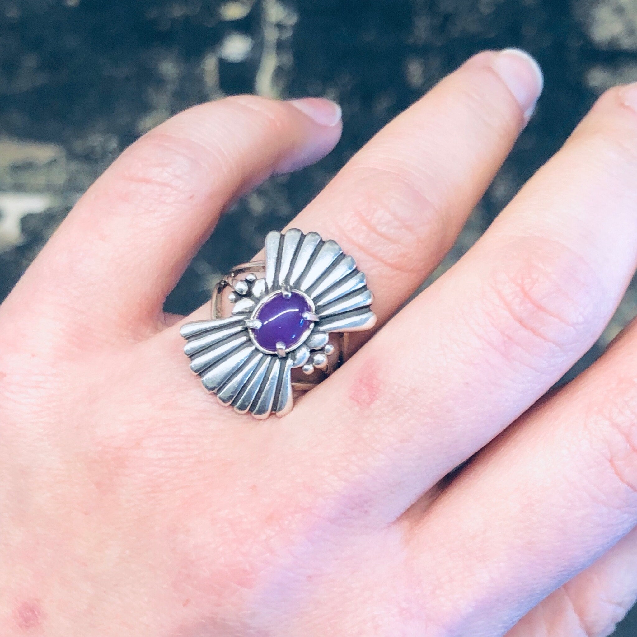 Vintage Silver Ring, Unique Jewelry, Purple Gemstone, Silver and Purple, Pink Gemstone, Fan Design Ring, Statement Jewelry, Boho Style, 925