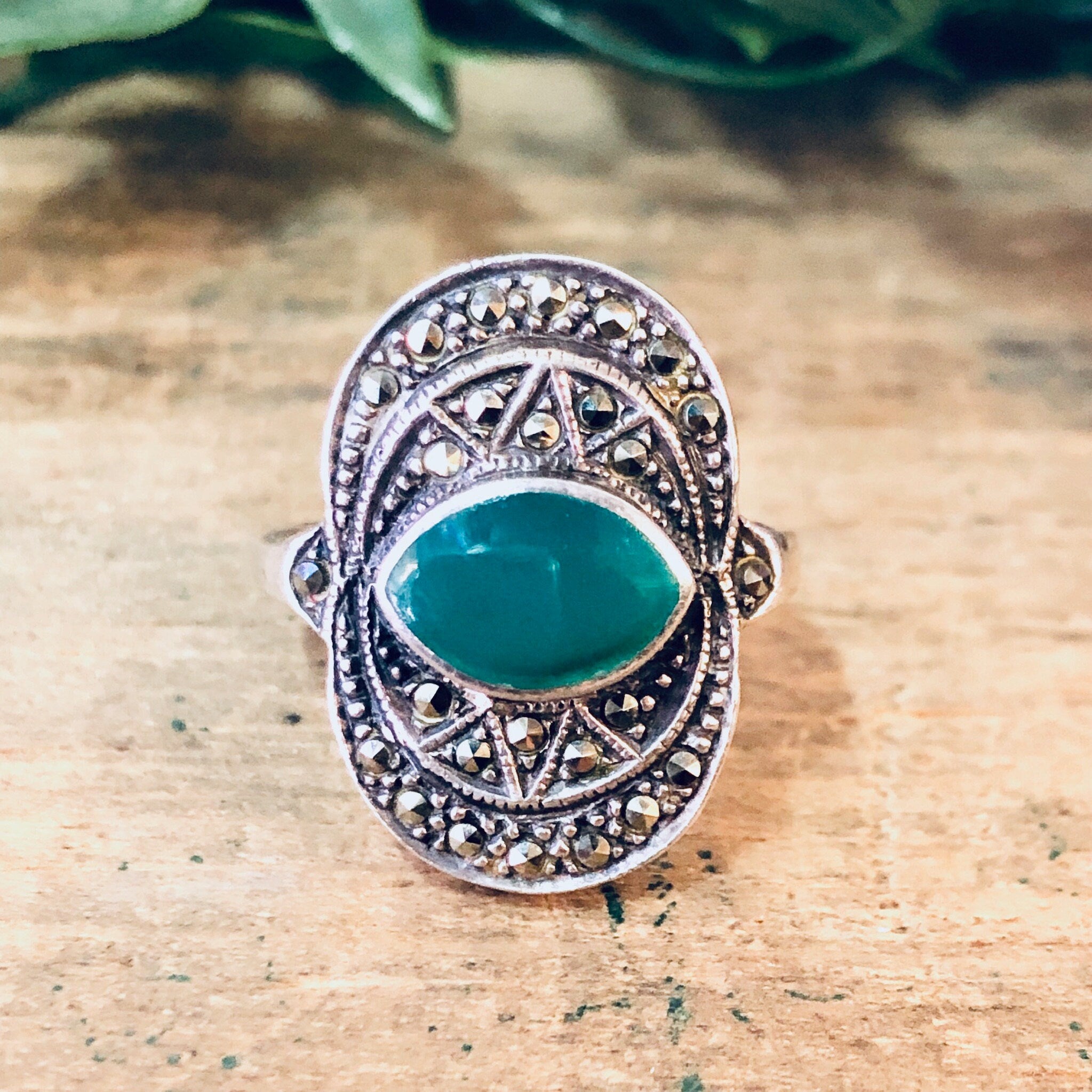 Vintage Silver Ring, Unique Jewelry, Vintage Jewelry, Marcasite Ring, Green Stone, Green and Silver, Marcasite Jewelry, Statement Ring, 925