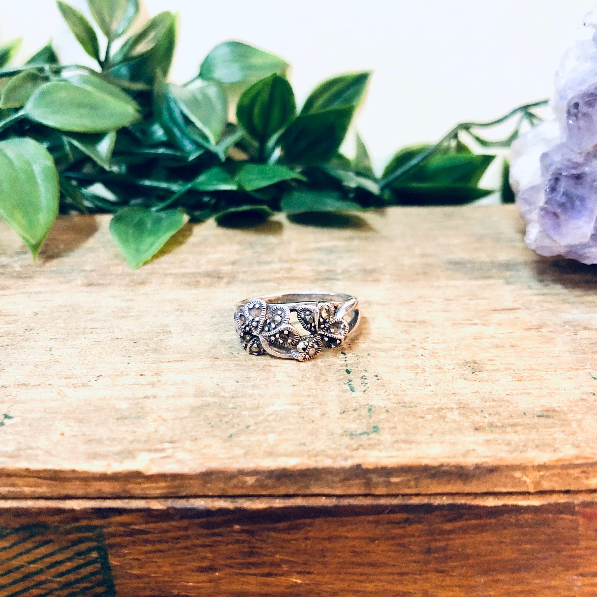Vintage Silver Ring, Marcasite Jewelry, Vintage Jewelry, Marcasite Ring, Clover Ring, Flower Design, Floral Jewelry, 925 Ring, Unique Ring