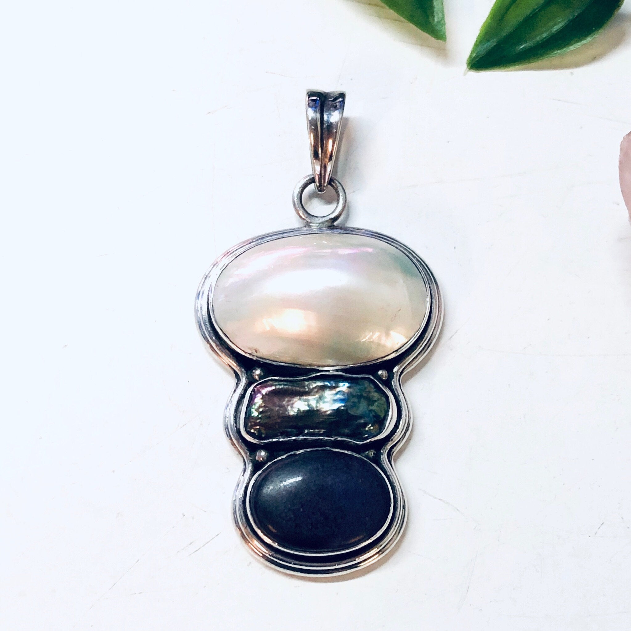 Vintage Silver Pendant, Large Pendant, Pearl Jewelry, Abalone Pendant, Purple Gemstone, Vintage Jewelry, Necklace Pendant, Statement Jewelry
