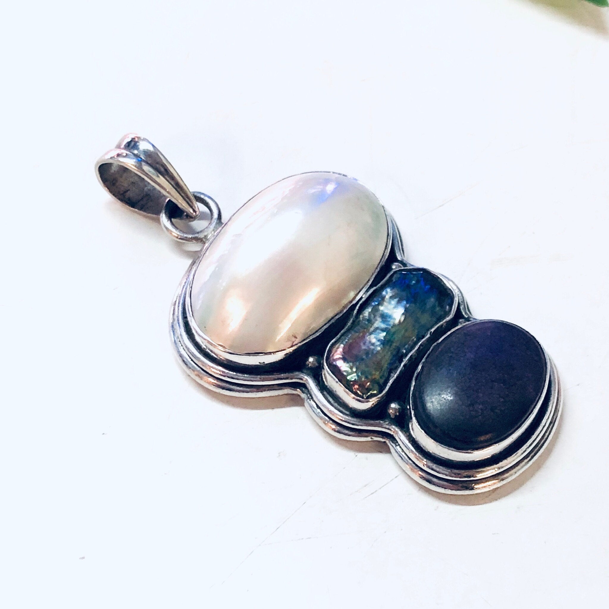 Vintage Silver Pendant, Large Pendant, Pearl Jewelry, Abalone Pendant, Purple Gemstone, Vintage Jewelry, Necklace Pendant, Statement Jewelry
