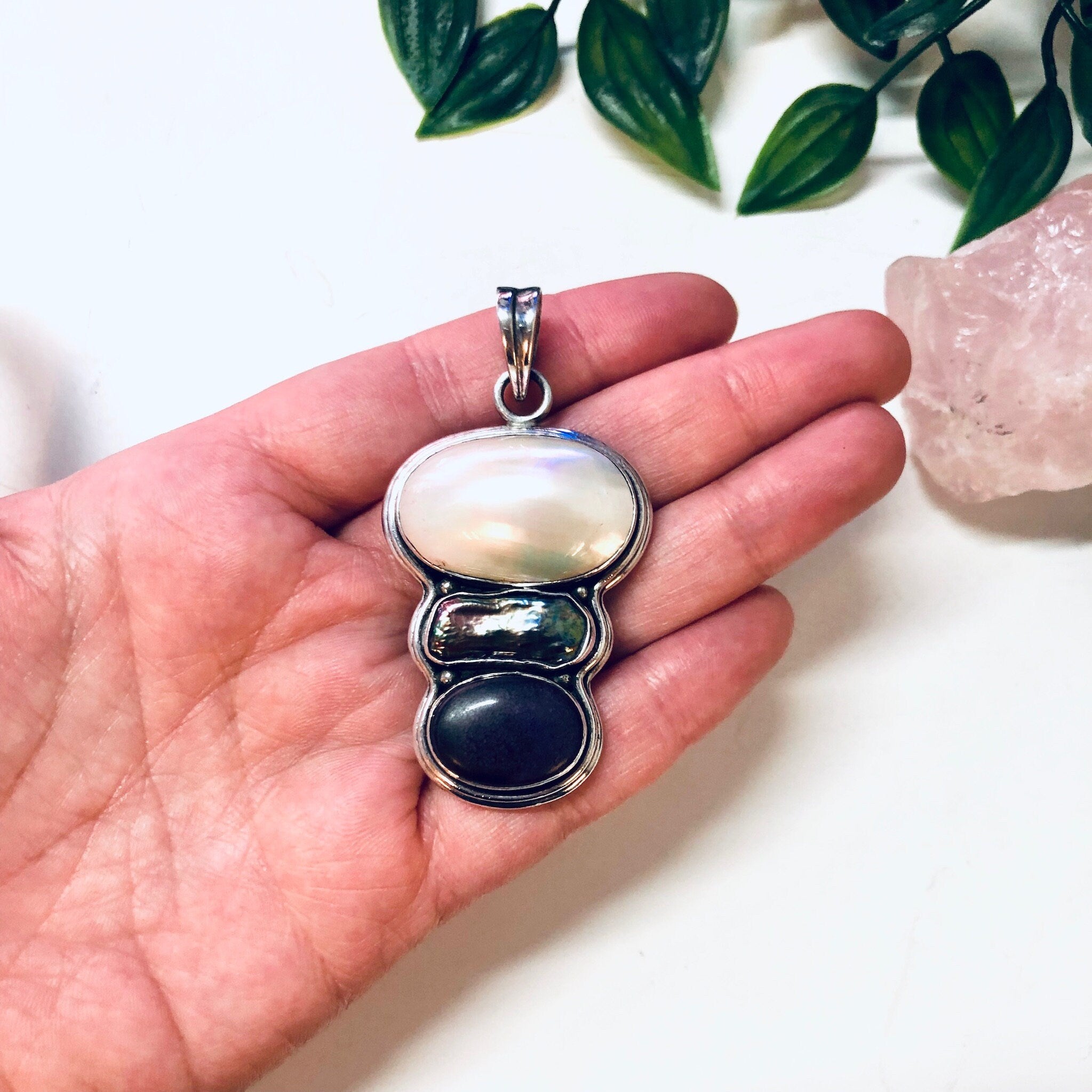 Vintage Silver Pendant, Large Pendant, Pearl Jewelry, Abalone Pendant, Purple Gemstone, Vintage Jewelry, Necklace Pendant, Statement Jewelry